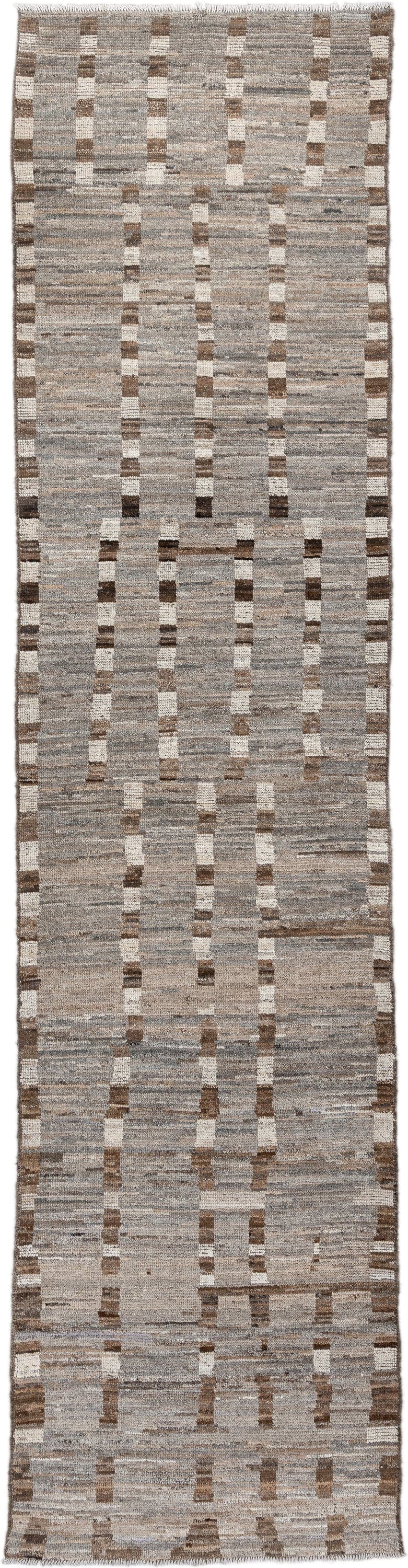 3' x 13' one-of-a-kind handmade vintage Tulu runner rug. Color palette: taupe, ivory, brown, gray, beige