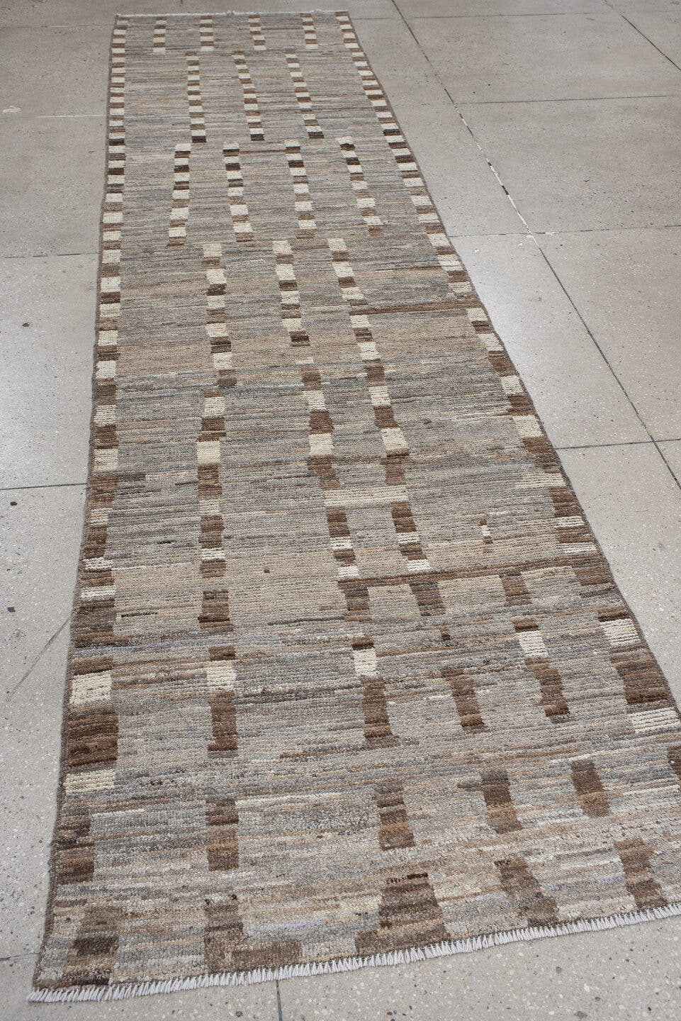 3' x 13' one-of-a-kind handmade vintage Tulu runner rug. Color palette: taupe, ivory, brown, gray, beige
