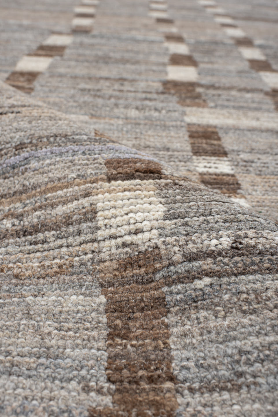 3' x 13' one-of-a-kind handmade vintage Tulu runner rug. Color palette: taupe, ivory, brown, gray, beige