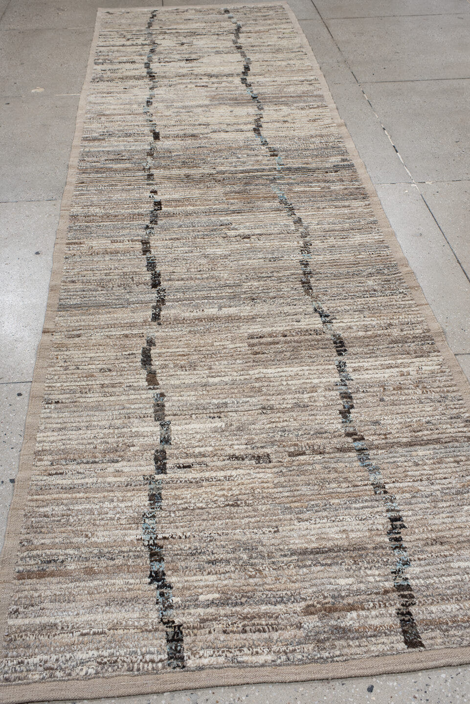 3' x 13' one-of-a-kind handmade vintage Tulu runner rug. Color palette: ivory, taupe, beige, charcoal, gray, pale_blue