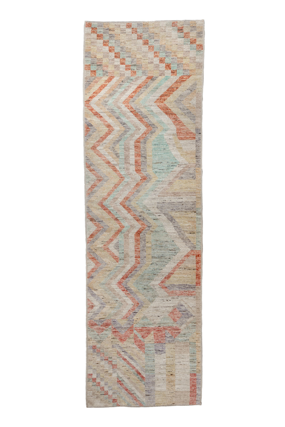 3' x 9' one-of-a-kind handmade vintage Tulu runner rug. Color palette: light gray, gray, off-white, pink, brown, orange