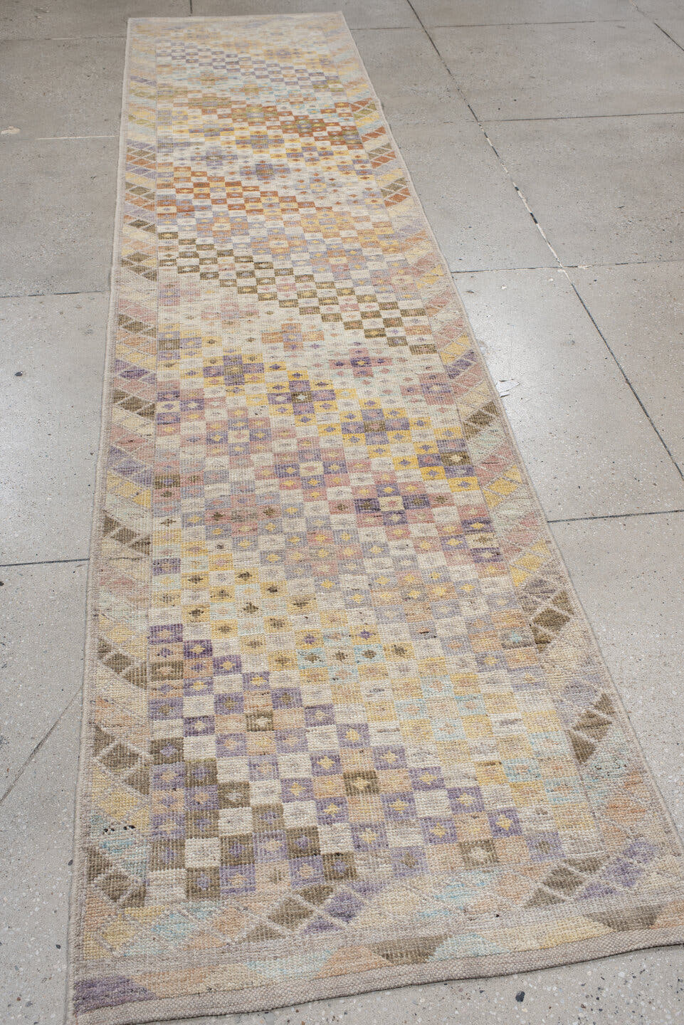 2' x 12' one-of-a-kind handmade vintage Tulu runner rug. Color palette: ivory, taupe, lavender, gold, terra cotta, sage