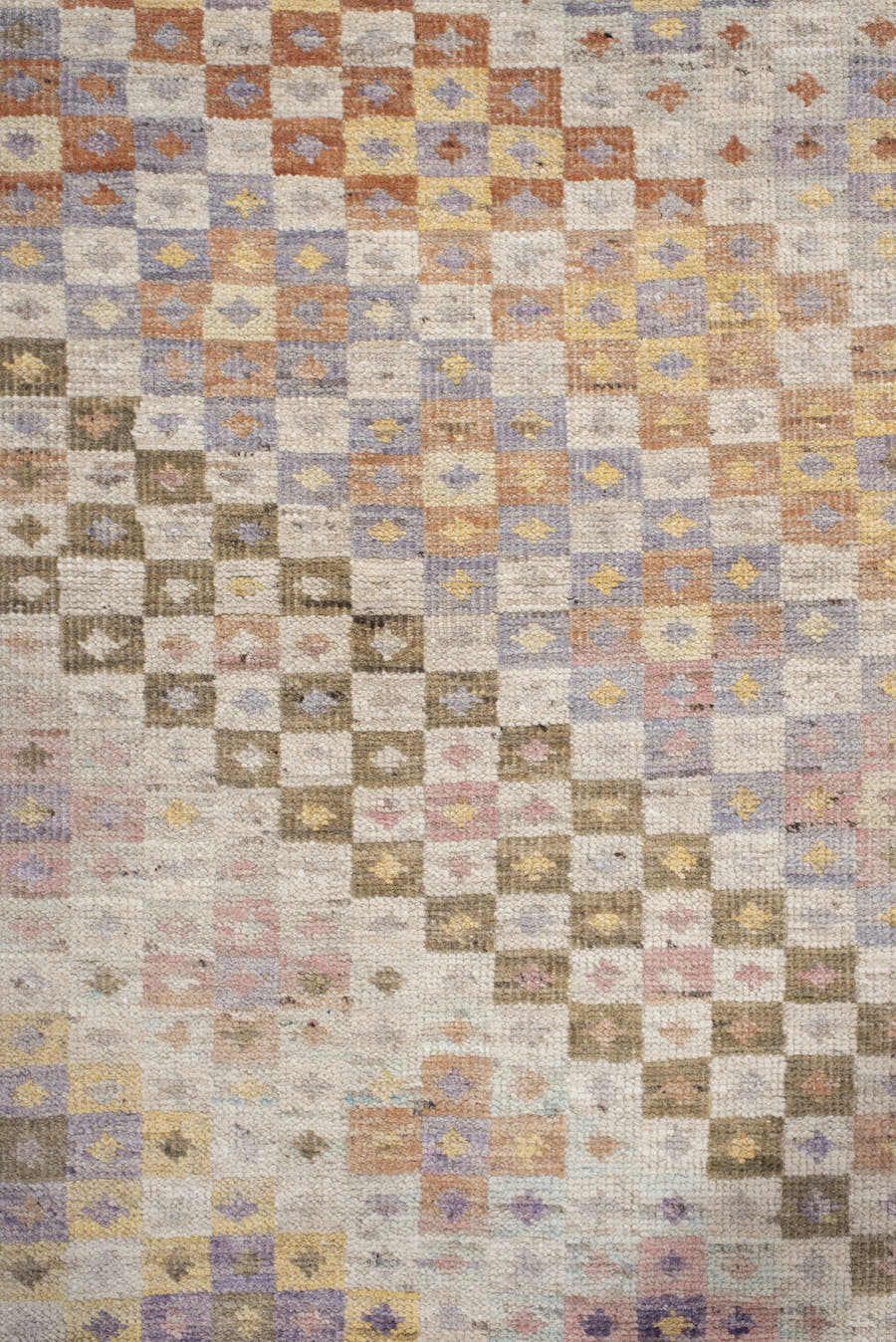 2' x 12' one-of-a-kind handmade vintage Tulu runner rug. Color palette: ivory, taupe, lavender, gold, terra cotta, sage