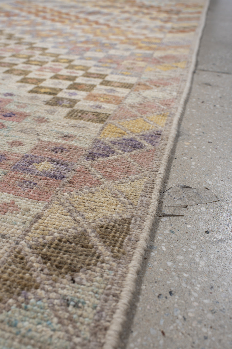 2' x 12' one-of-a-kind handmade vintage Tulu runner rug. Color palette: ivory, taupe, lavender, gold, terra cotta, sage