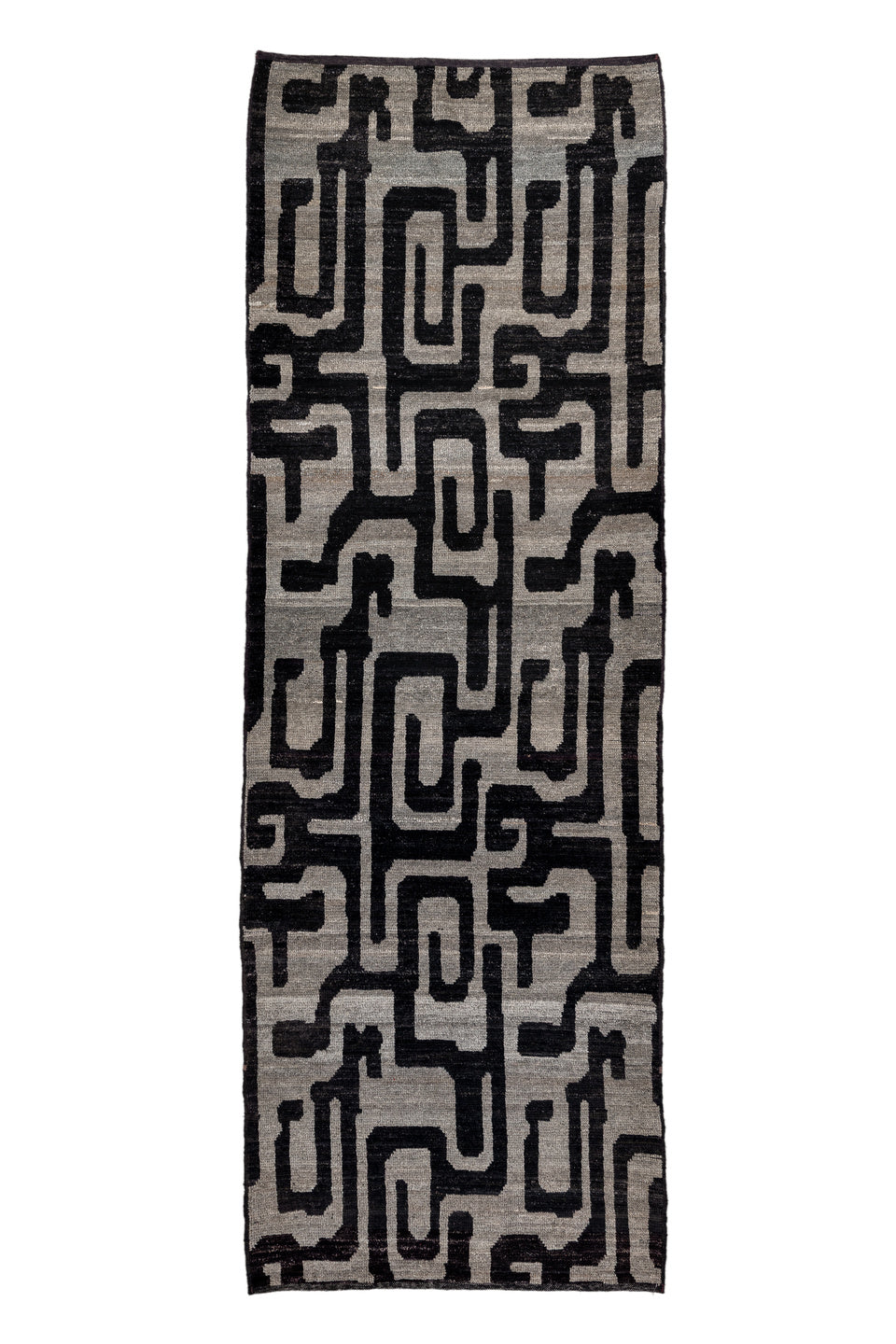 3' x 10' one-of-a-kind handmade vintage Tulu runner rug. Color palette: gray, black, charcoal