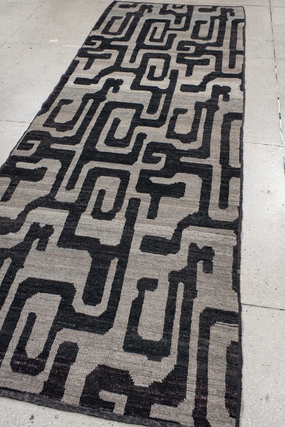 3' x 10' one-of-a-kind handmade vintage Tulu runner rug. Color palette: gray, charcoal, ivory, taupe, black, beige