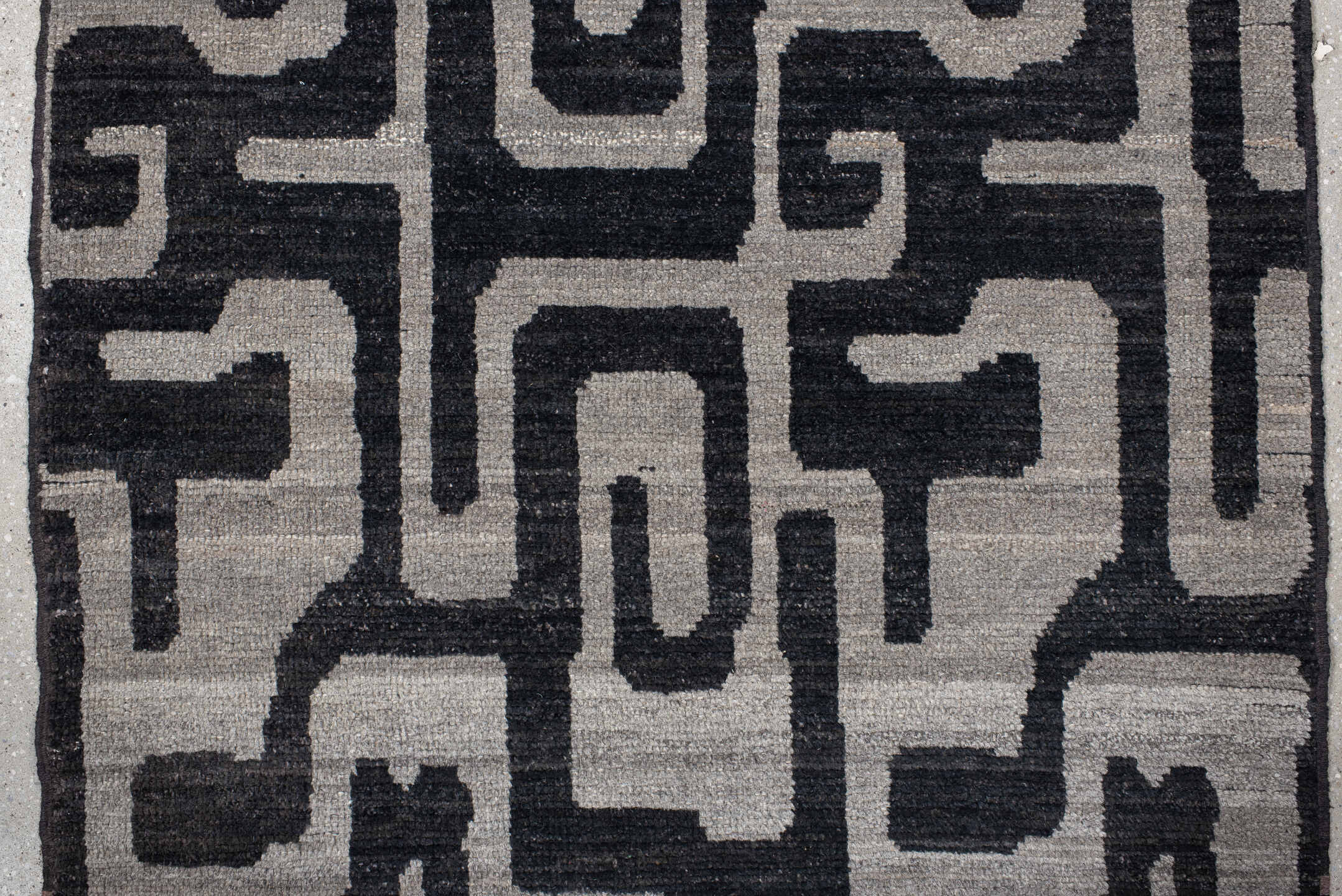 3' x 10' one-of-a-kind handmade vintage Tulu runner rug. Color palette: gray, charcoal, ivory, taupe, black, beige