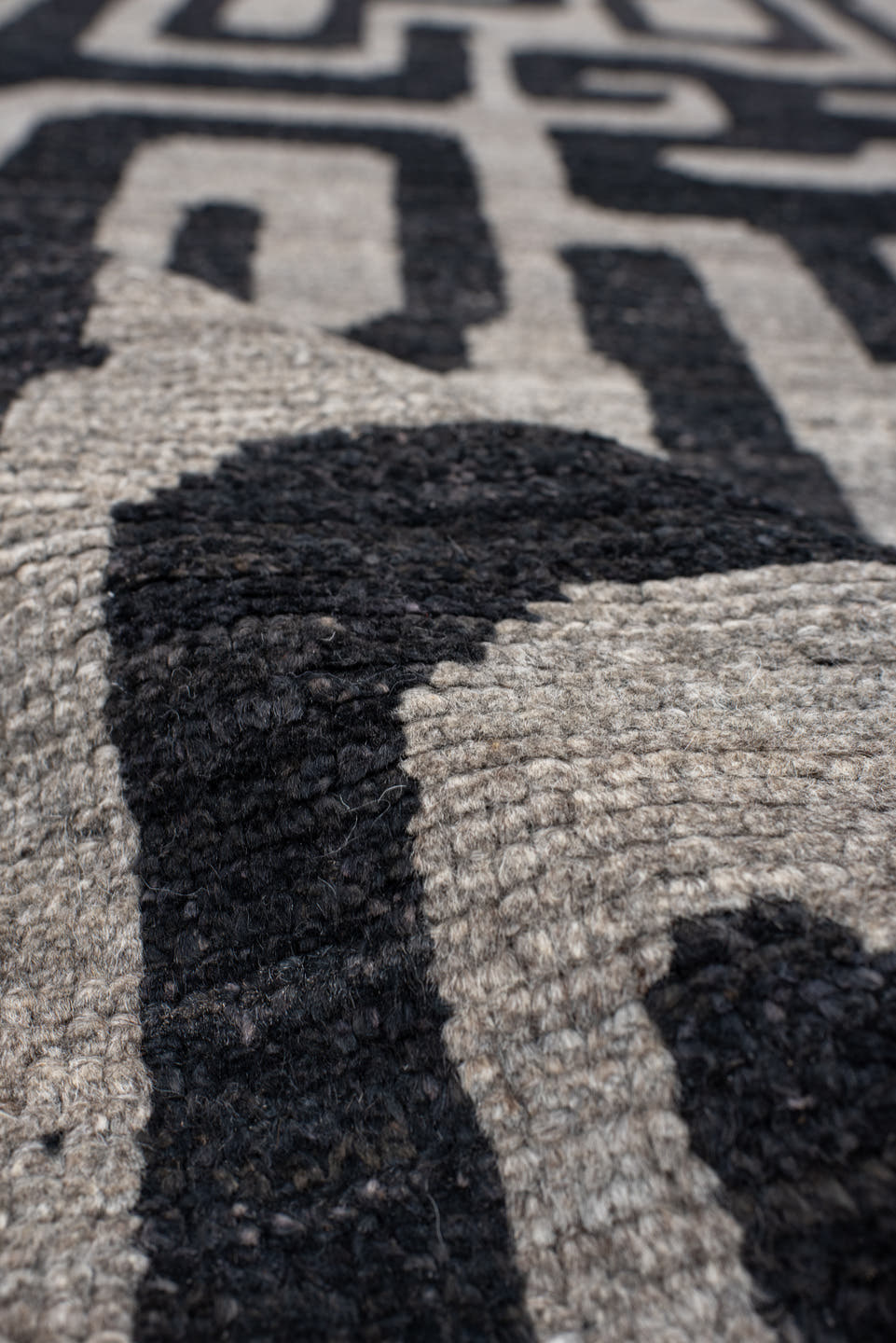 3' x 10' one-of-a-kind handmade vintage Tulu runner rug. Color palette: gray, charcoal, ivory, taupe, black, beige