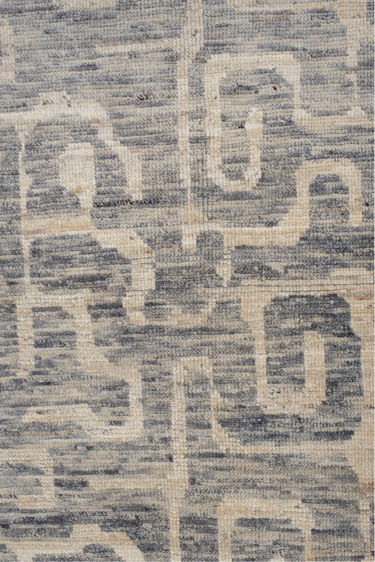 4' x 9' one-of-a-kind handmade vintage Tulu runner rug. Color palette: ivory, gray, slate, cream