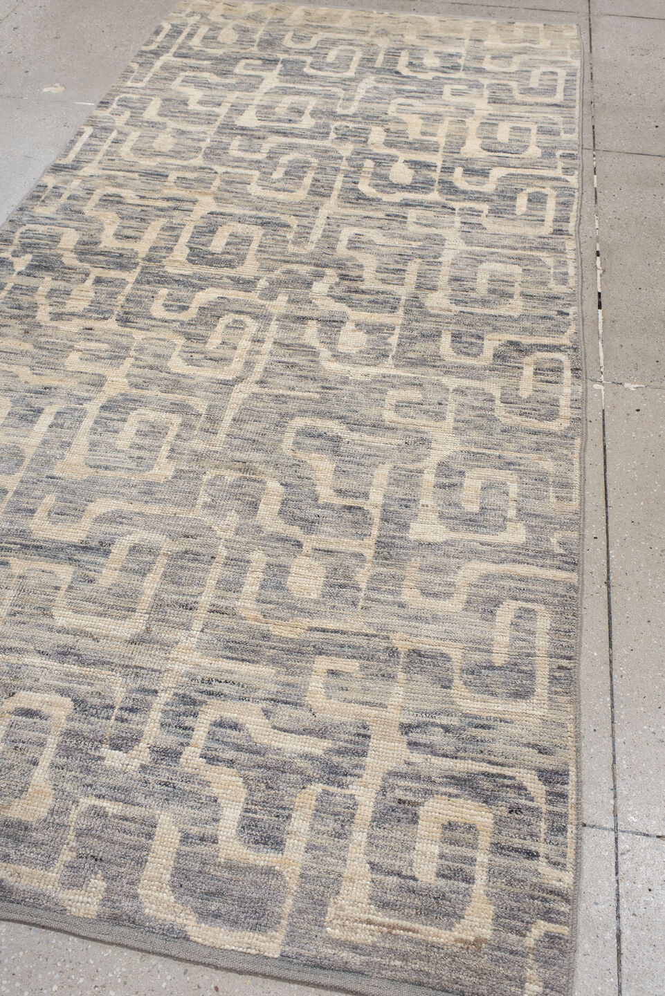 4' x 9' one-of-a-kind handmade vintage Tulu runner rug. Color palette: dark gray, dim gray, gainsboro, gray, light gray