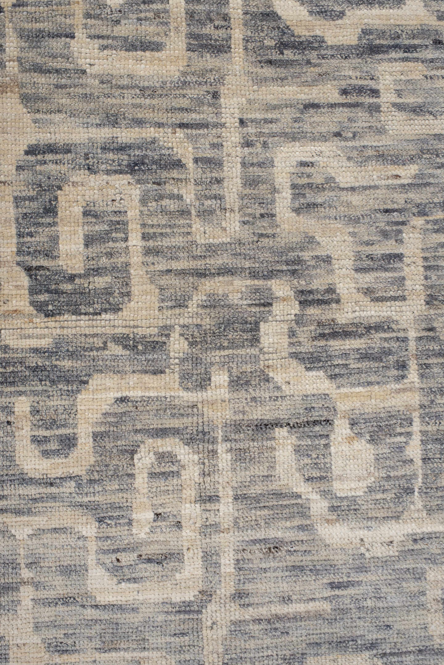 4' x 9' one-of-a-kind handmade vintage Tulu runner rug. Color palette: ivory, gray, slate, cream