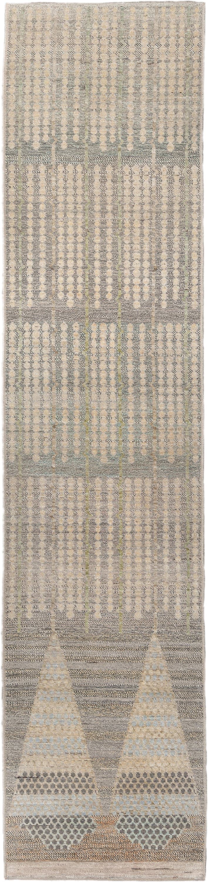 3' x 13' one-of-a-kind handmade vintage Tulu runner rug. Color palette: ivory, gray, taupe, camel, pale blue, charcoal, tan