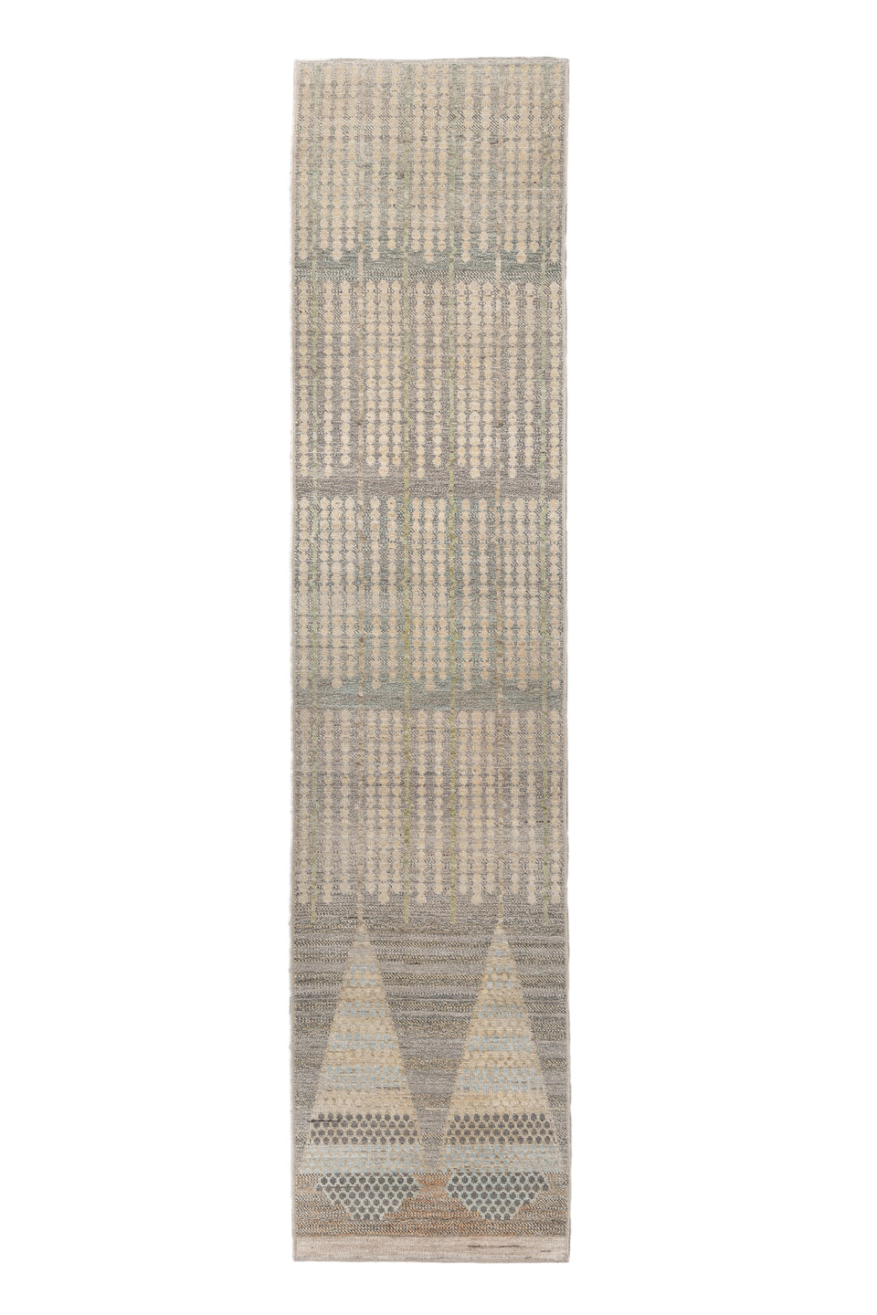 3' x 13' one-of-a-kind handmade vintage Tulu runner rug. Color palette: gray, off-white, light gray, brown, dim gray