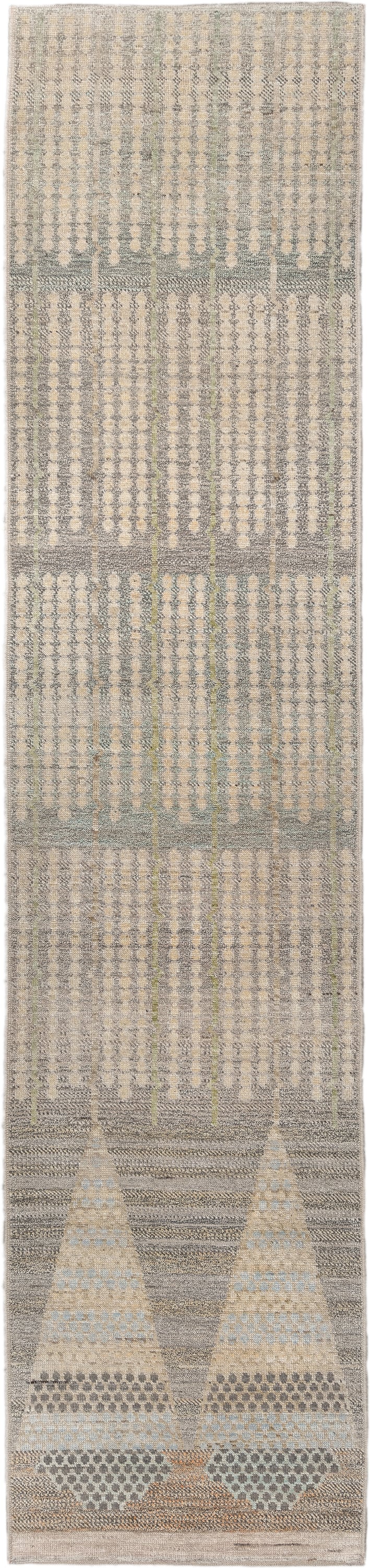 3' x 13' one-of-a-kind handmade vintage Tulu runner rug. Color palette: ivory, gray, taupe, camel, pale blue, charcoal, tan