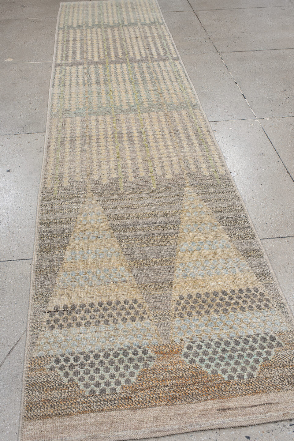 3' x 13' one-of-a-kind handmade vintage Tulu runner rug. Color palette: ivory, gray, taupe, camel, pale blue, charcoal, tan