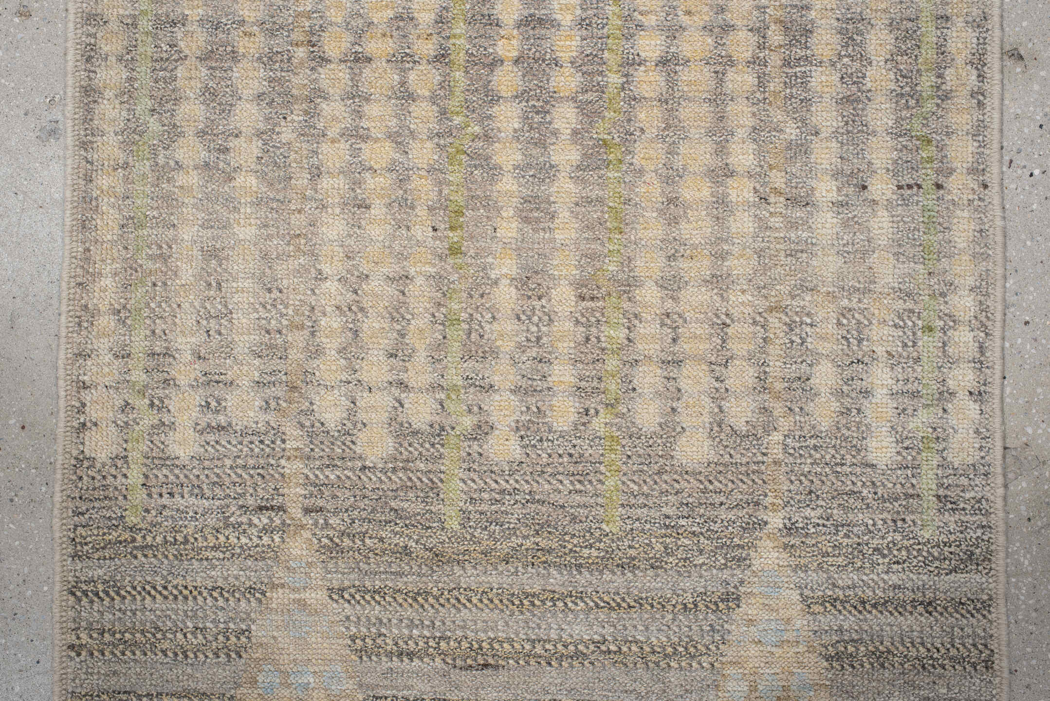 3' x 13' one-of-a-kind handmade vintage Tulu runner rug. Color palette: gray, off-white, light gray, brown, dim gray