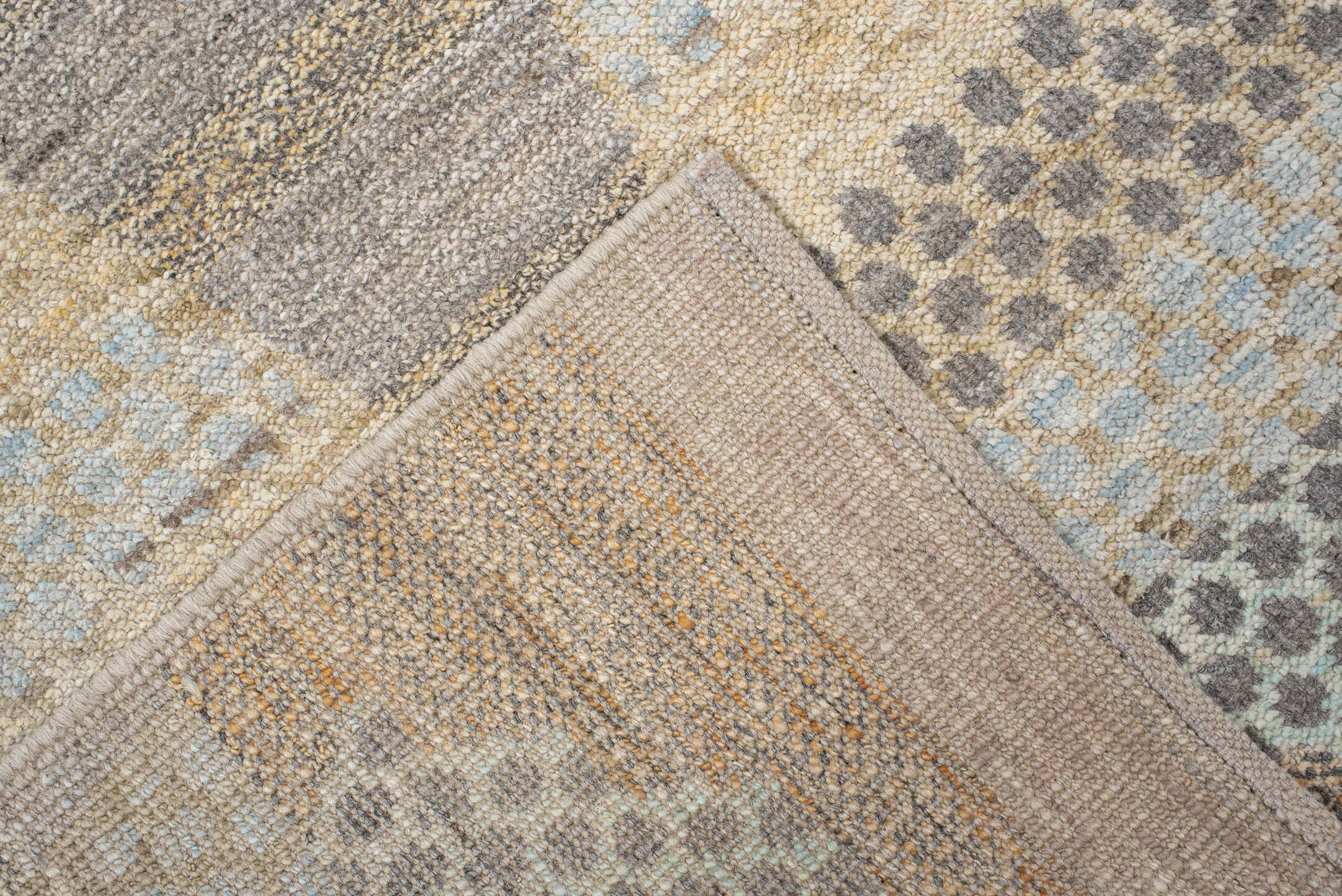 3' x 13' one-of-a-kind handmade vintage Tulu runner rug. Color palette: ivory, gray, taupe, camel, pale blue, charcoal, tan