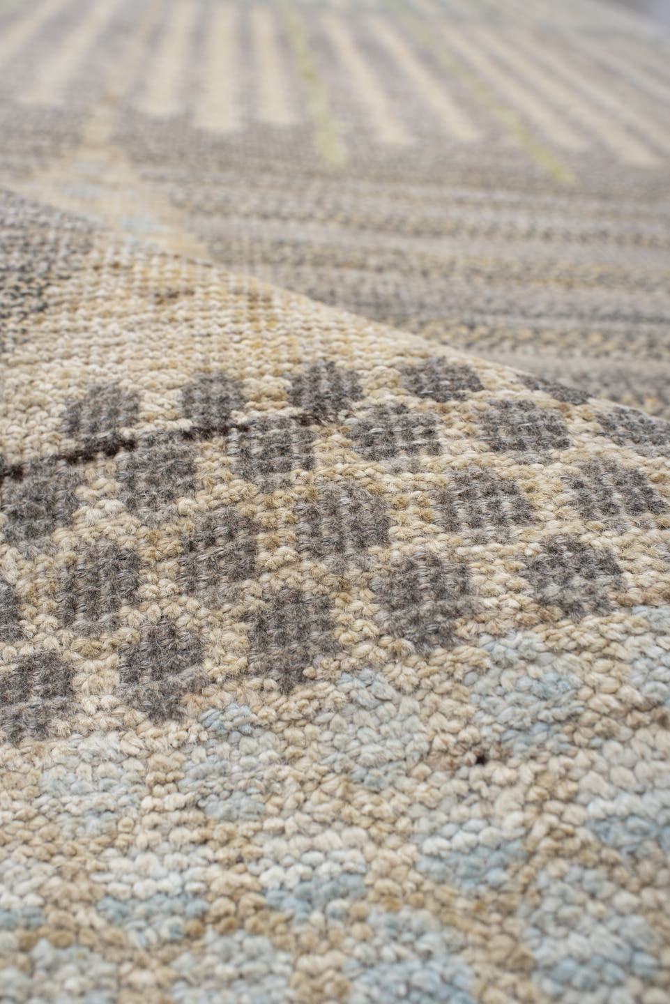 3' x 13' one-of-a-kind handmade vintage Tulu runner rug. Color palette: ivory, gray, taupe, camel, pale blue, charcoal, tan