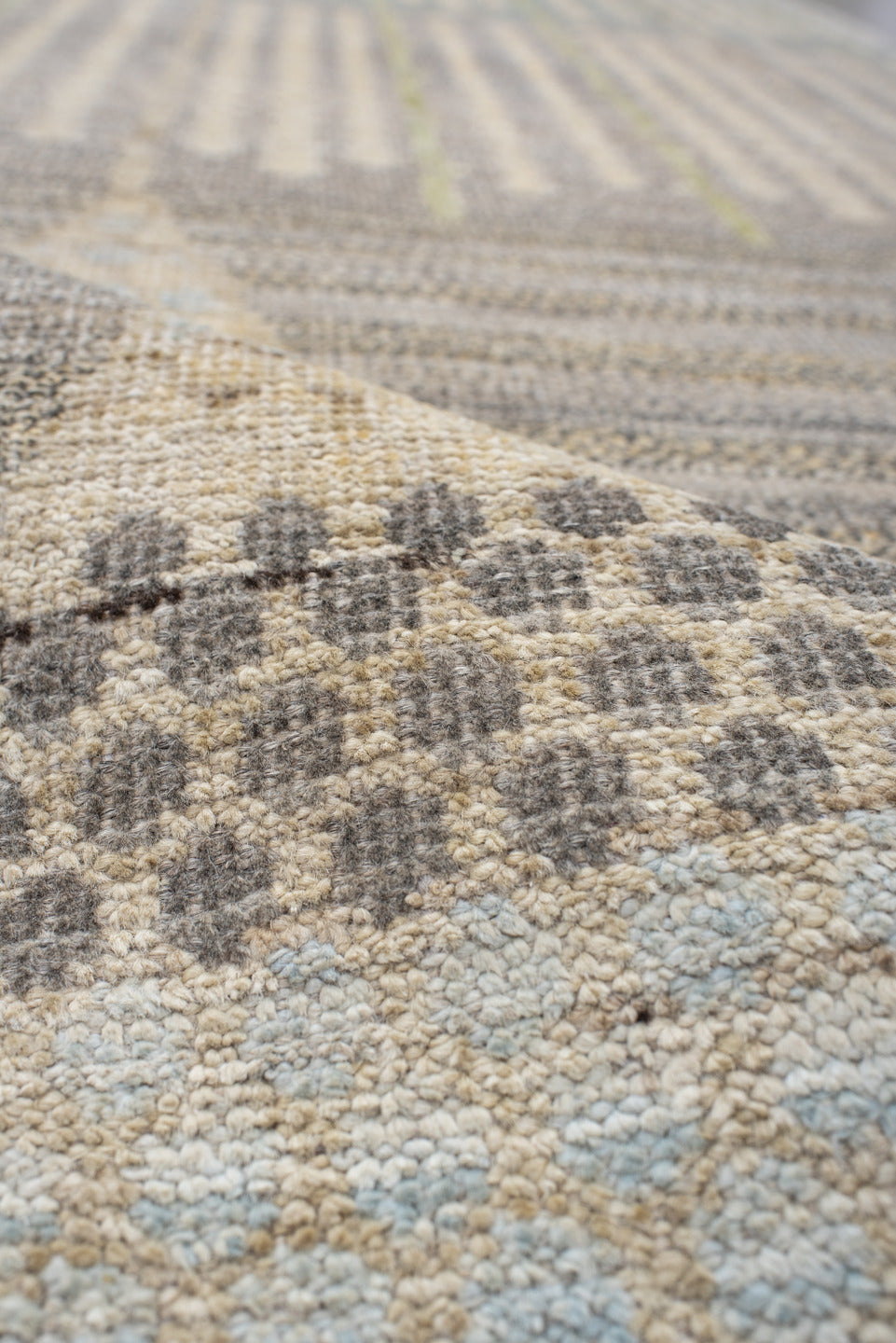 3' x 13' one-of-a-kind handmade vintage Tulu runner rug. Color palette: ivory, gray, taupe, camel, pale blue, charcoal, tan