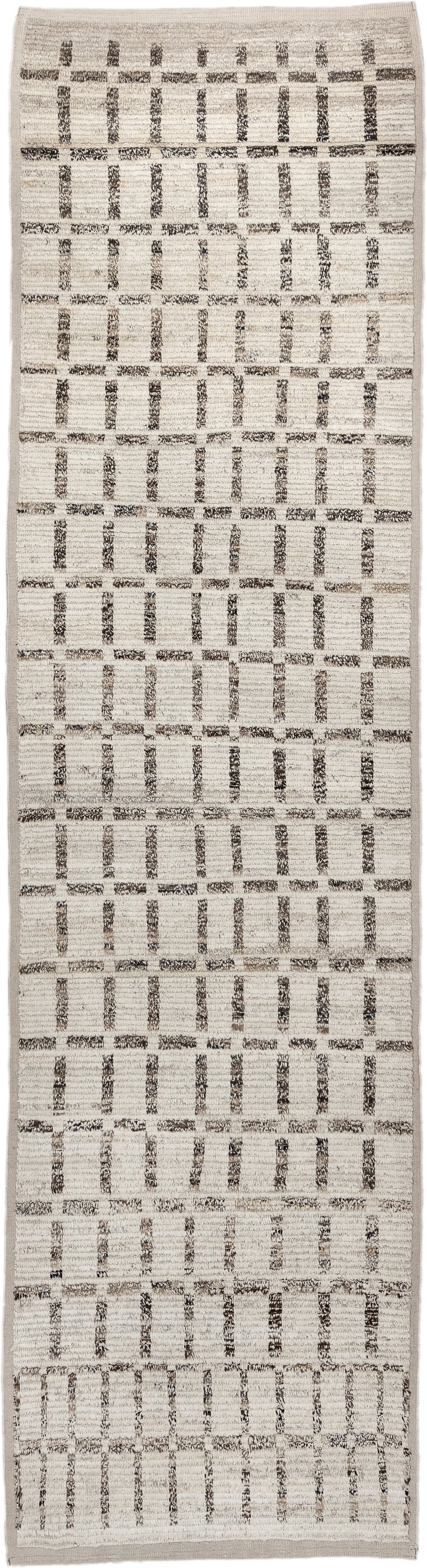 3' x 13' one-of-a-kind handmade vintage Tulu runner rug. Color palette: ivory, taupe, charcoal, brown, cream, beige, gray