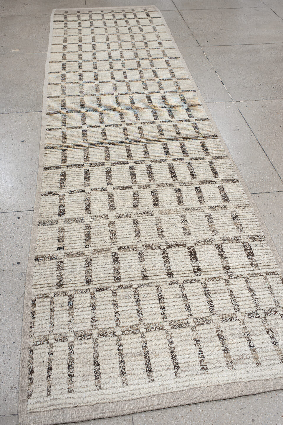 3' x 13' one-of-a-kind handmade vintage Tulu runner rug. Color palette: ivory, taupe, charcoal, brown, cream, beige, gray