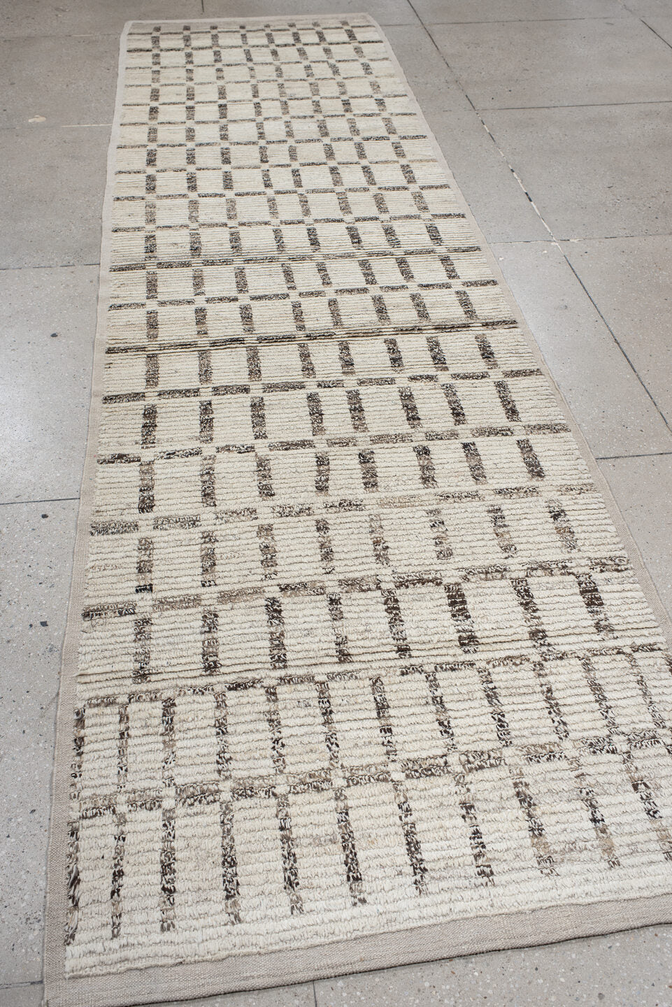 3' x 13' one-of-a-kind handmade vintage Tulu runner rug. Color palette: ivory, taupe, charcoal, brown, cream, beige, gray