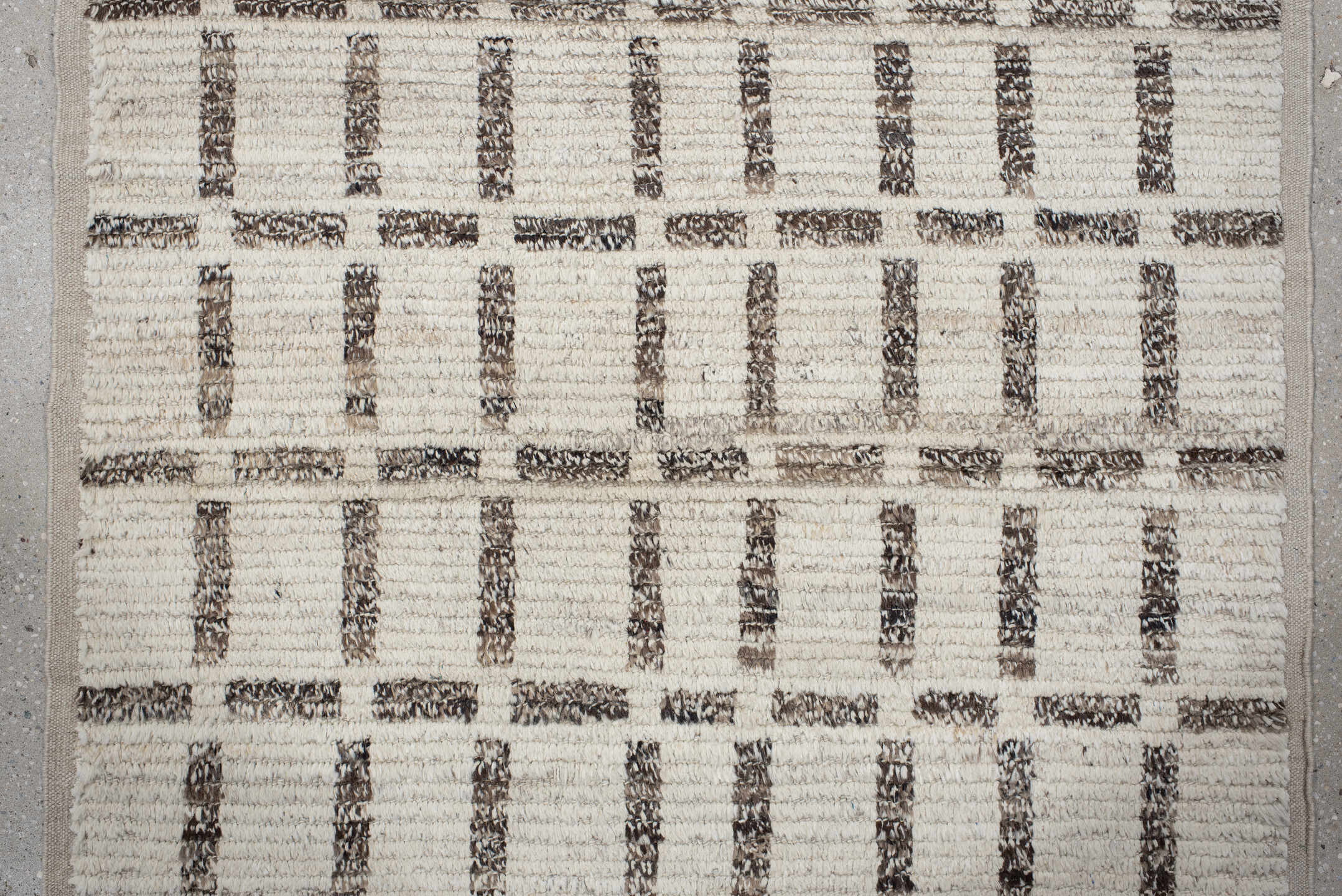 3' x 13' one-of-a-kind handmade vintage Tulu runner rug. Color palette: ivory, taupe, charcoal, brown, cream, beige, gray