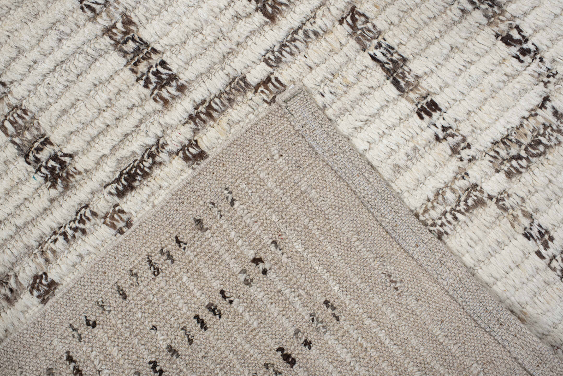 3' x 13' one-of-a-kind handmade vintage Tulu runner rug. Color palette: ivory, taupe, charcoal, brown, cream, beige, gray