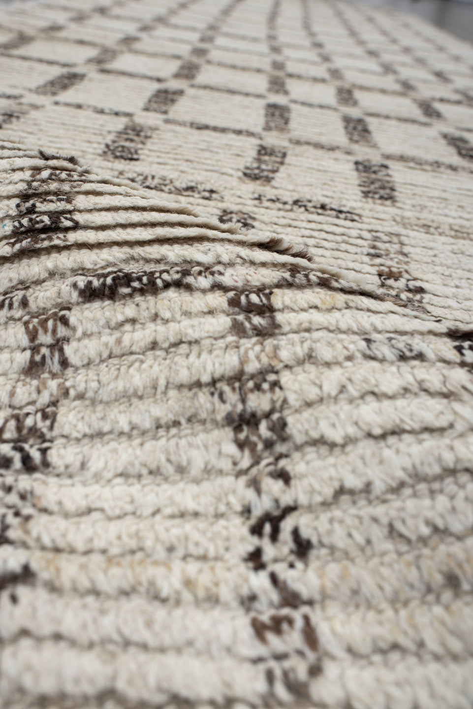 3' x 13' one-of-a-kind handmade vintage Tulu runner rug. Color palette: ivory, taupe, charcoal, brown, cream, beige, gray