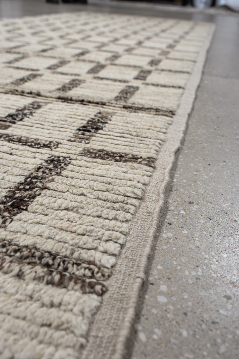 3' x 13' one-of-a-kind handmade vintage Tulu runner rug. Color palette: ivory, taupe, charcoal, brown, cream, beige, gray