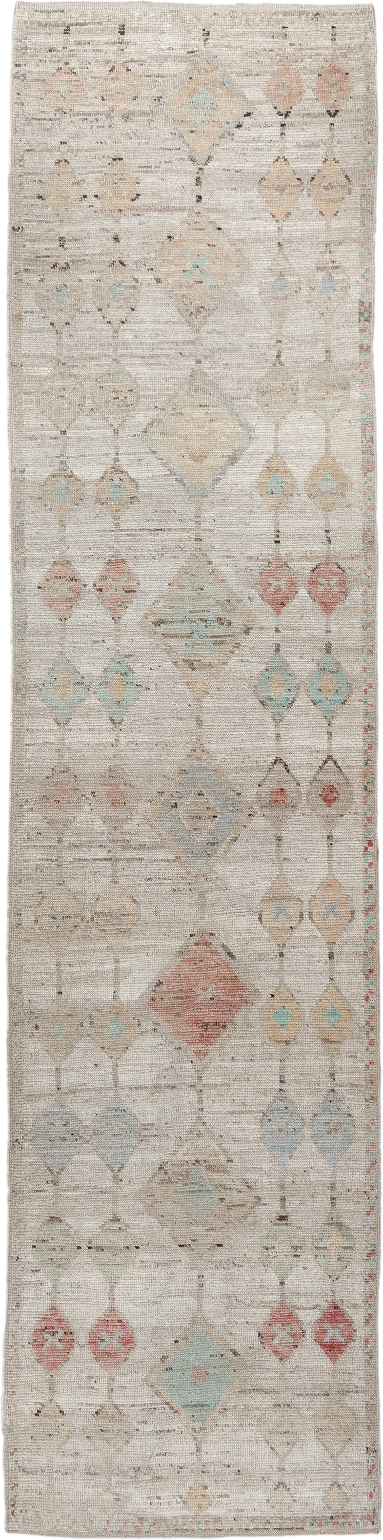 3' x 12' one-of-a-kind handmade vintage Tulu runner rug. Color palette: ivory, beige, aqua, blush, sand, taupe, coral, gray