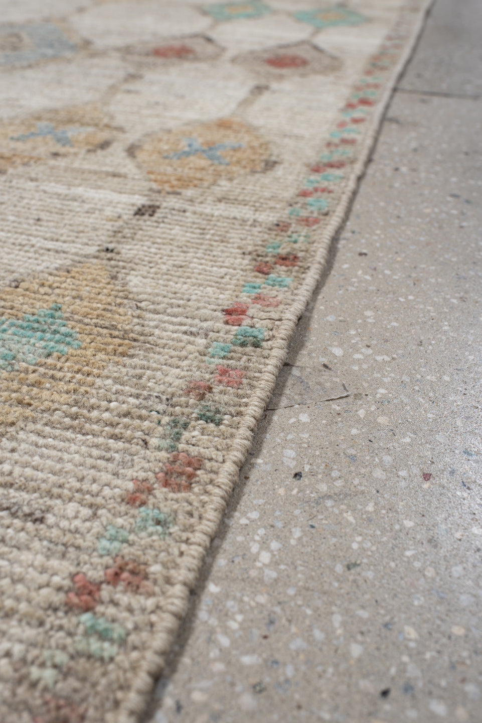 3' x 12' one-of-a-kind handmade vintage Tulu runner rug. Color palette: ivory, beige, aqua, blush, sand, taupe, coral, gray
