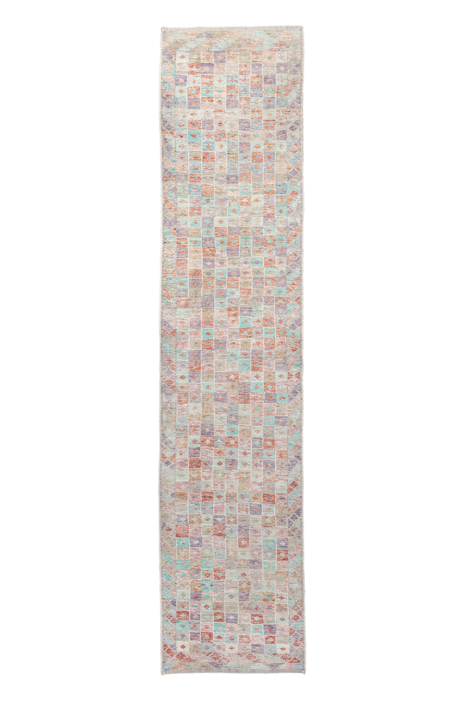 2' x 13' one-of-a-kind handmade vintage Tulu runner rug. Color palette: blue, brown, gainsboro, gray, light blue, light gray