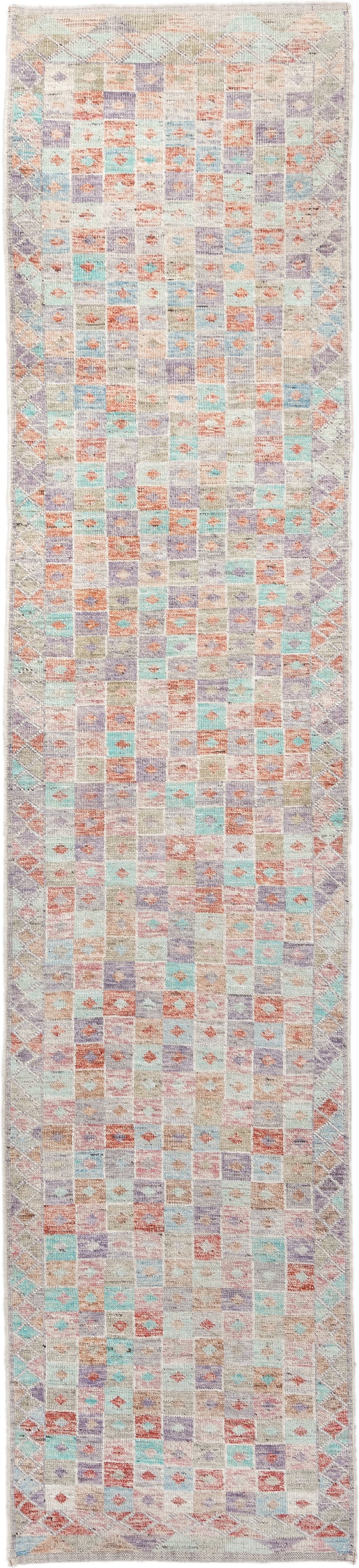 2' x 13' one-of-a-kind handmade vintage Tulu runner rug. Color palette: ivory, aqua, lavender, coral, taupe, sage, teal