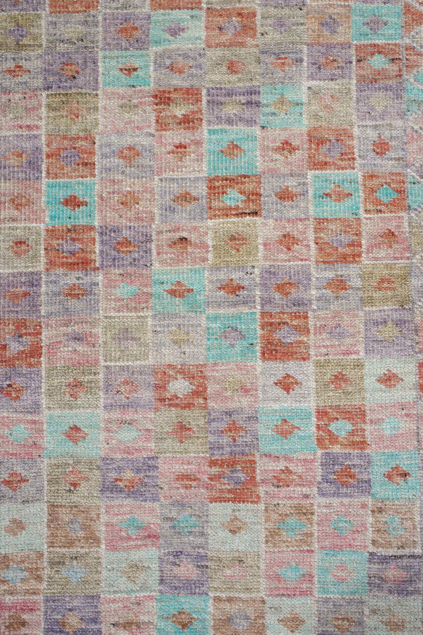 2' x 13' one-of-a-kind handmade vintage Tulu runner rug. Color palette: ivory, aqua, lavender, coral, taupe, sage, teal