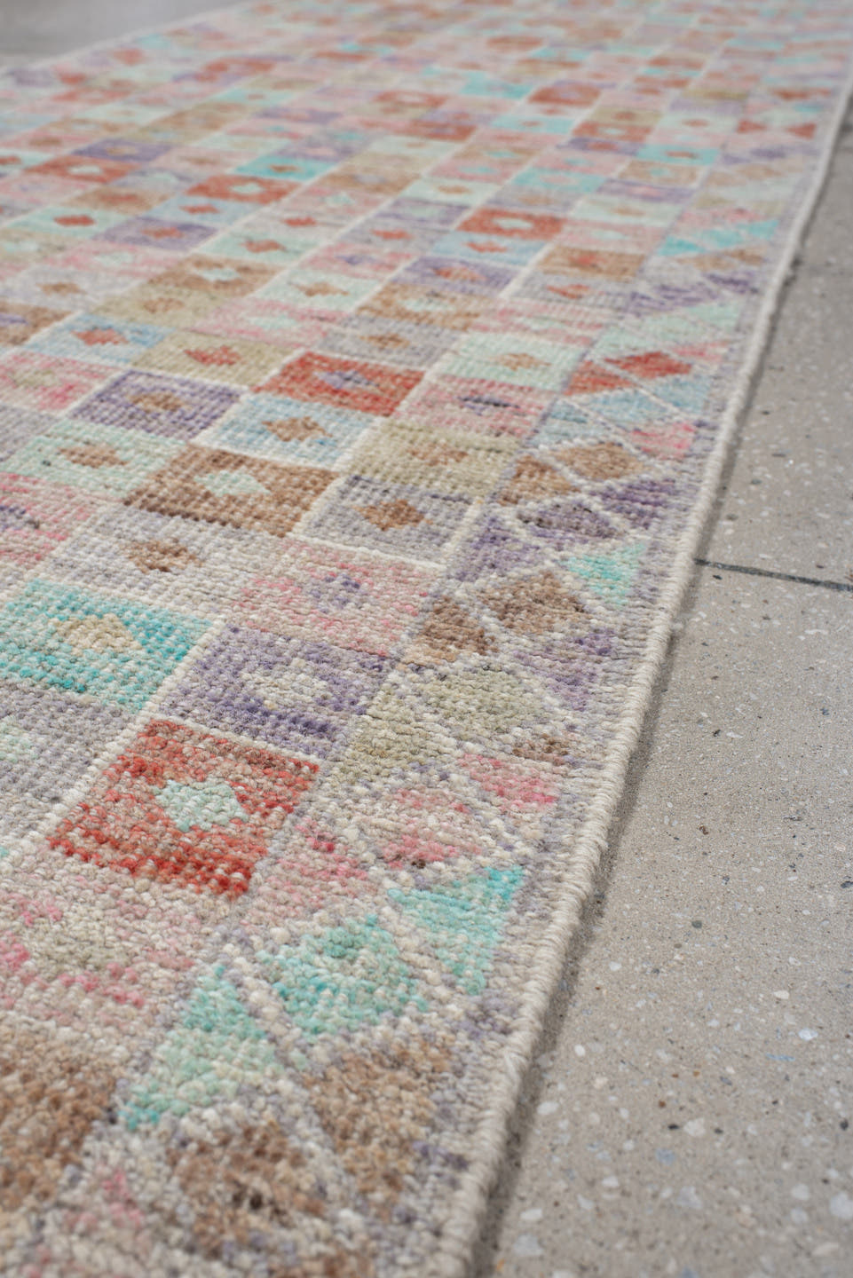 2' x 13' one-of-a-kind handmade vintage Tulu runner rug. Color palette: ivory, aqua, lavender, coral, taupe, sage, teal