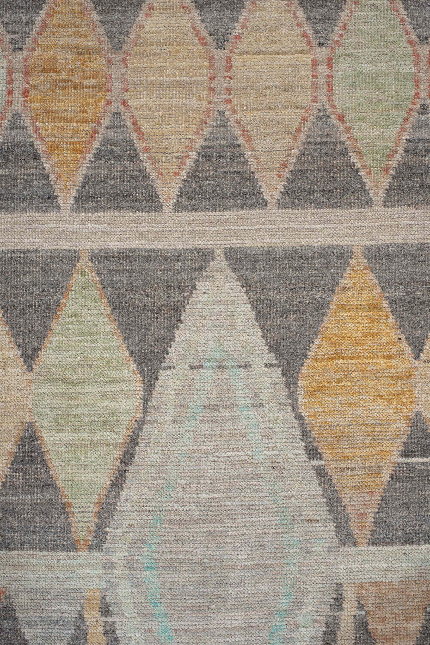 2' x 13' one-of-a-kind handmade vintage Tulu runner rug. Color palette: charcoal, ivory, taupe, aqua, saffron, sage, coral