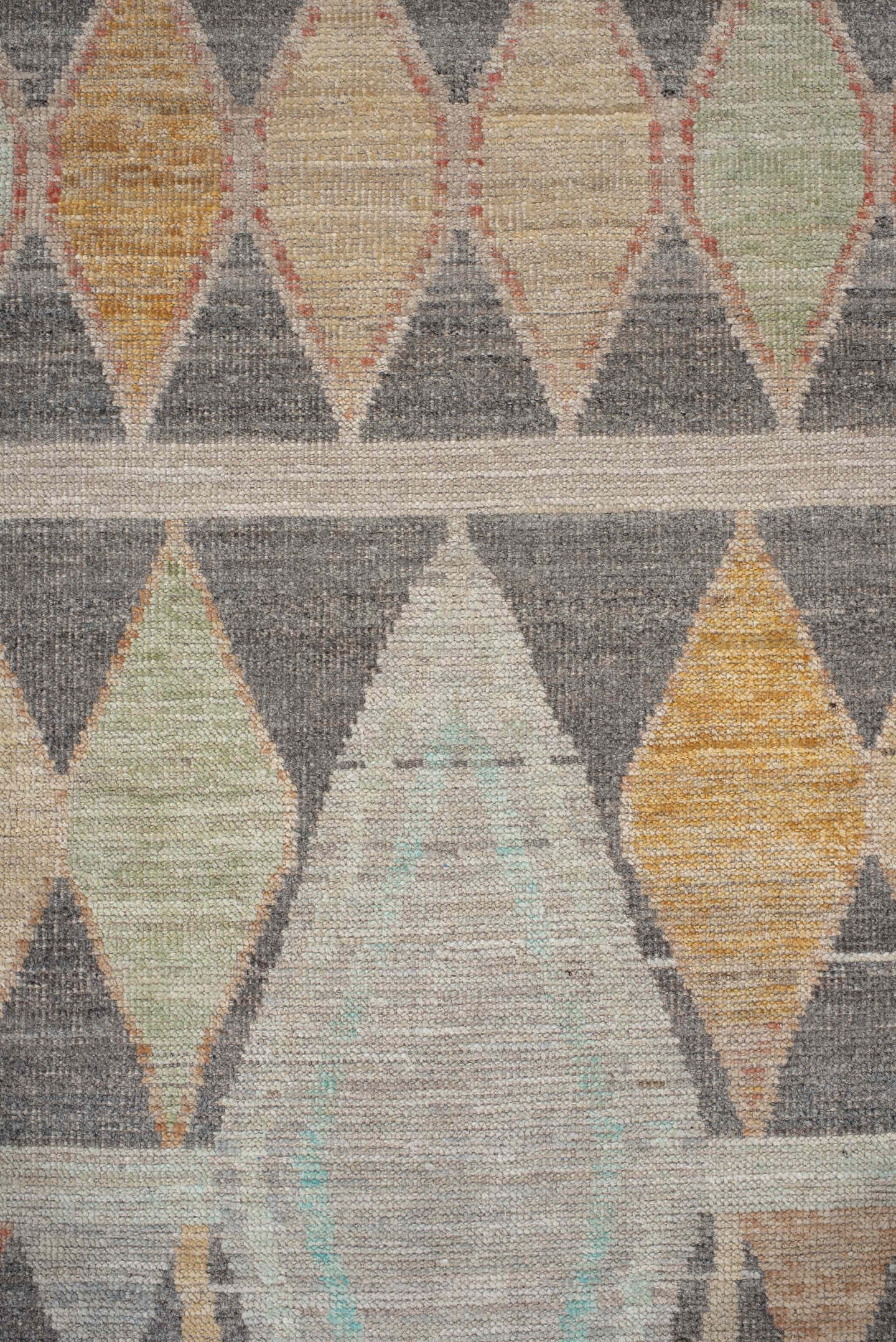 2' x 13' one-of-a-kind handmade vintage Tulu runner rug. Color palette: charcoal, ivory, taupe, aqua, saffron, sage, coral