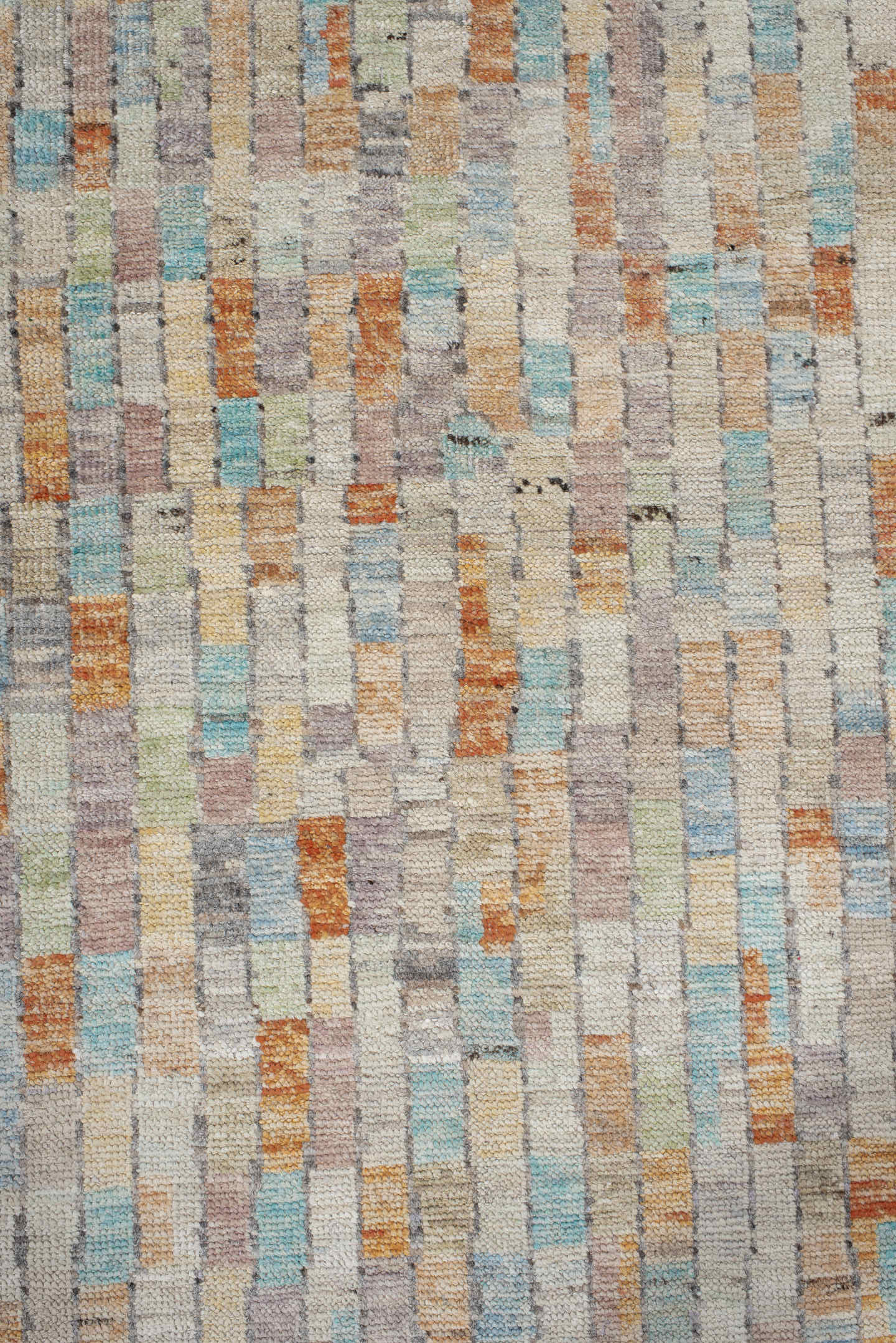 3' x 13' one-of-a-kind handmade vintage Tulu runner rug. Color palette: ivory, taupe, sky_blue, apricot, sage, gray, beige