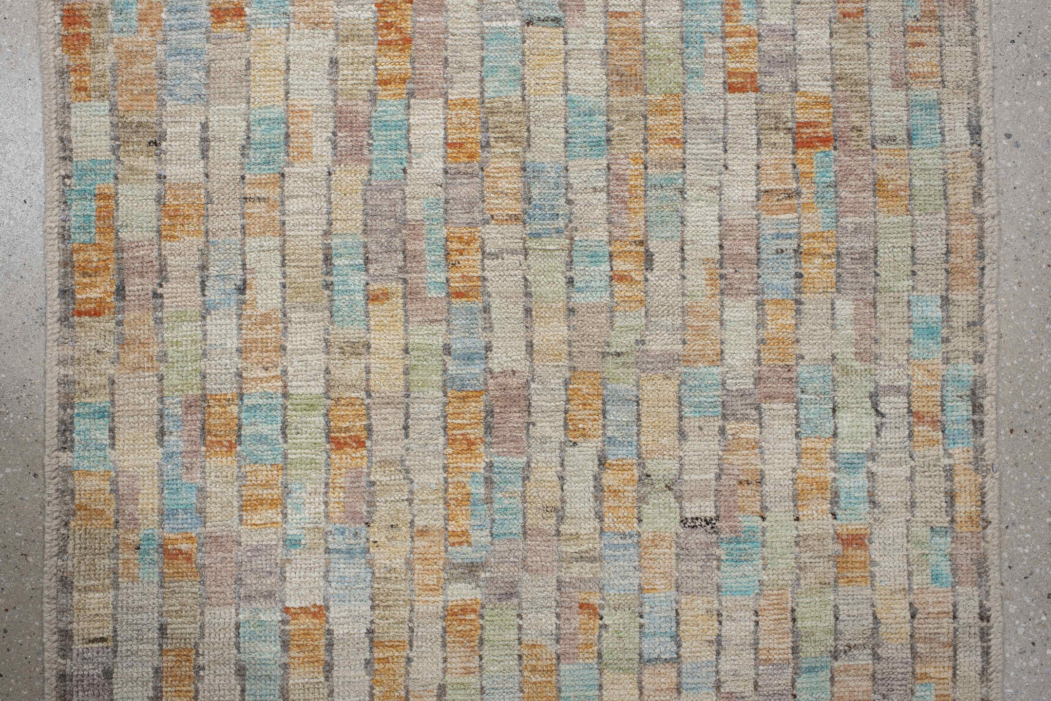 3' x 13' one-of-a-kind handmade vintage Tulu runner rug. Color palette: ivory, taupe, sky_blue, apricot, sage, gray, beige