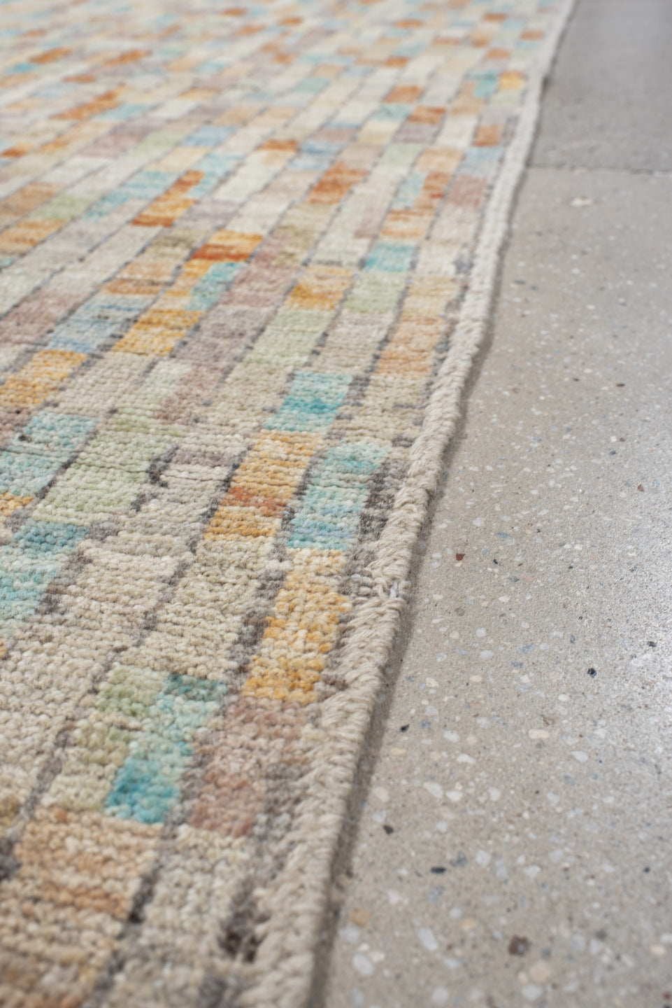 3' x 13' one-of-a-kind handmade vintage Tulu runner rug. Color palette: ivory, taupe, sky_blue, apricot, sage, gray, beige