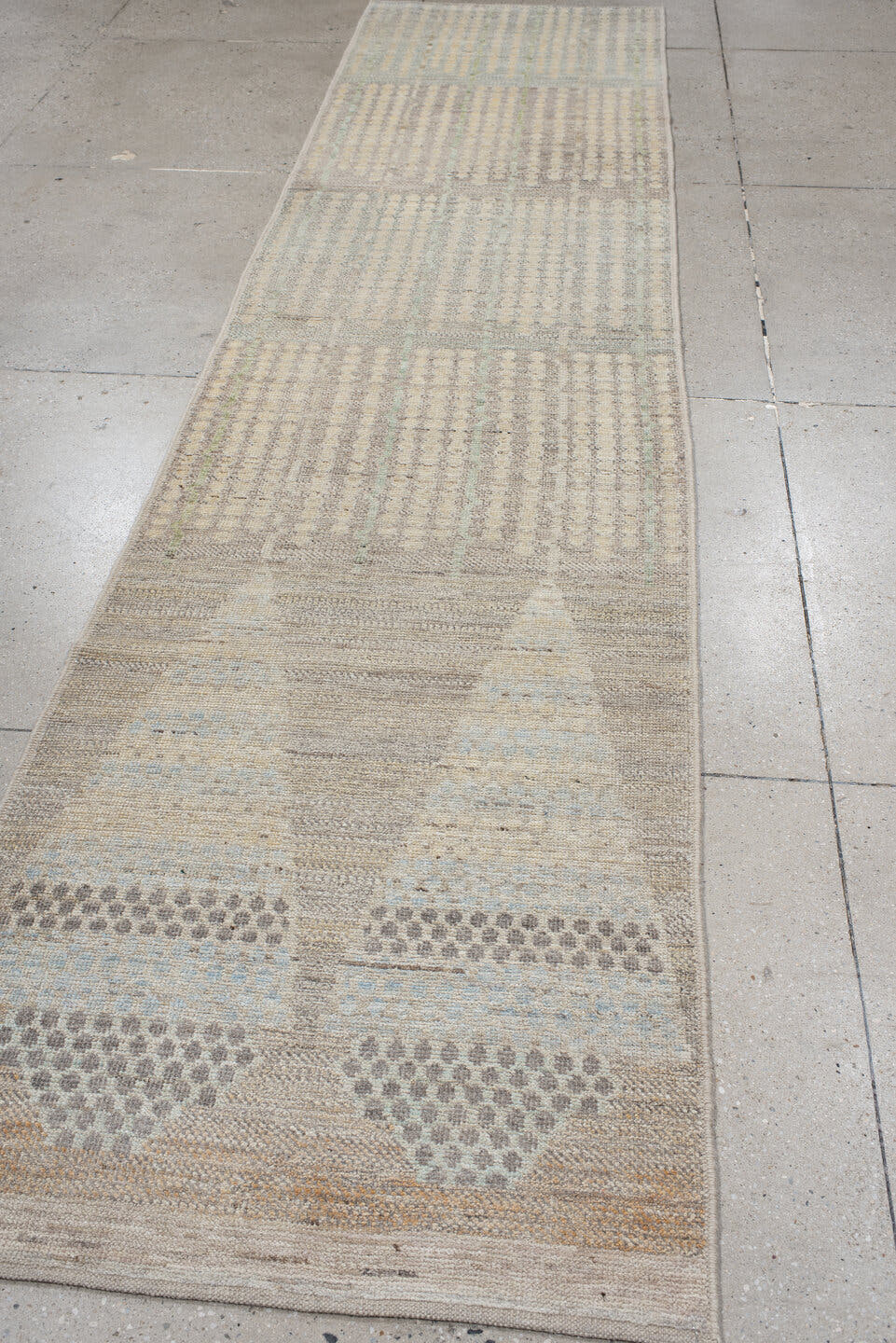 3' x 13' one-of-a-kind handmade vintage Tulu runner rug. Color palette: ivory, taupe, pale_gray, cream, beige, gray