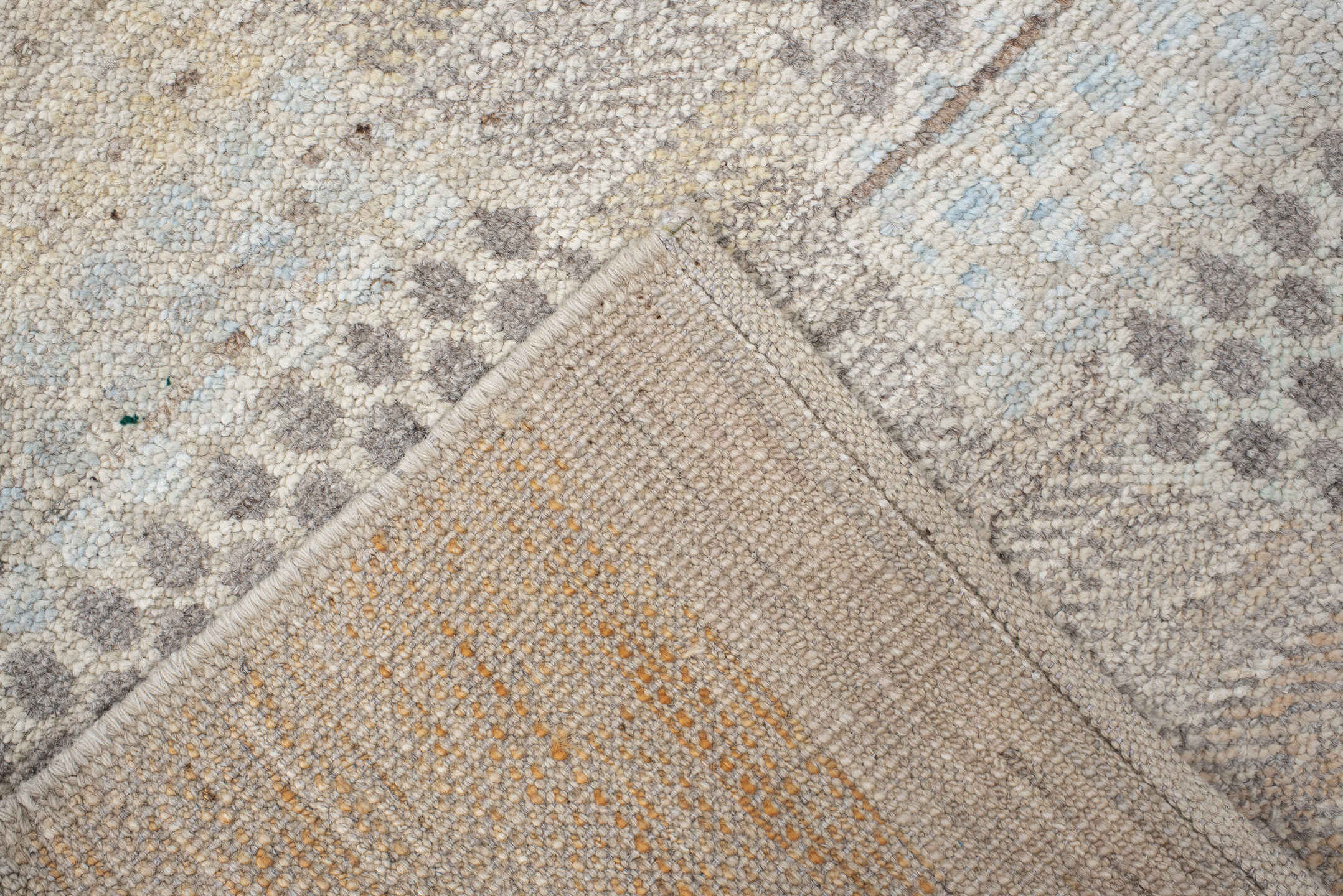 3' x 13' one-of-a-kind handmade vintage Tulu runner rug. Color palette: ivory, taupe, pale_gray, cream, beige, gray