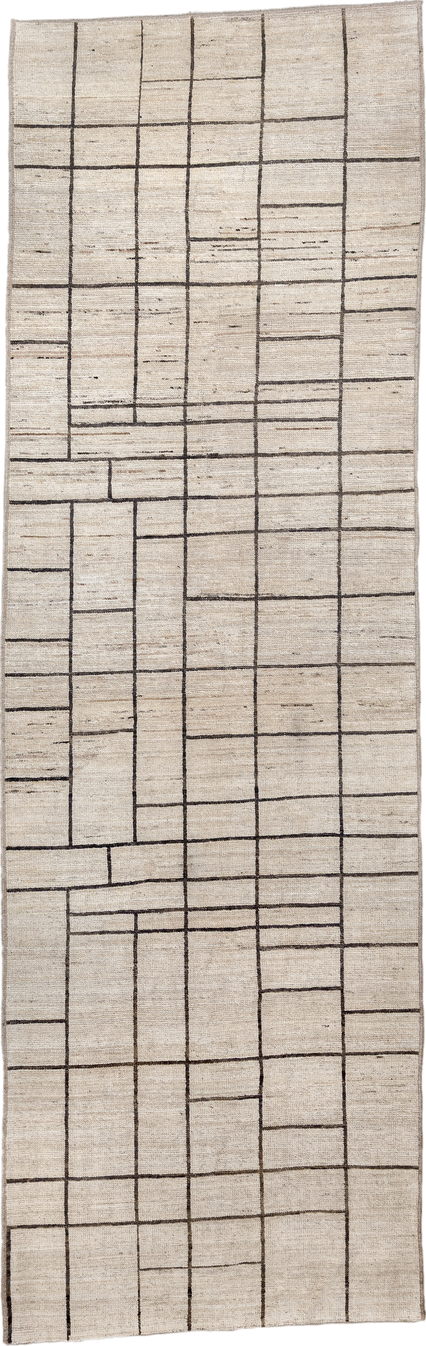 4' x 13' one-of-a-kind handmade vintage Tulu runner rug. Color palette: ivory, charcoal, taupe, cream, gray, black, beige