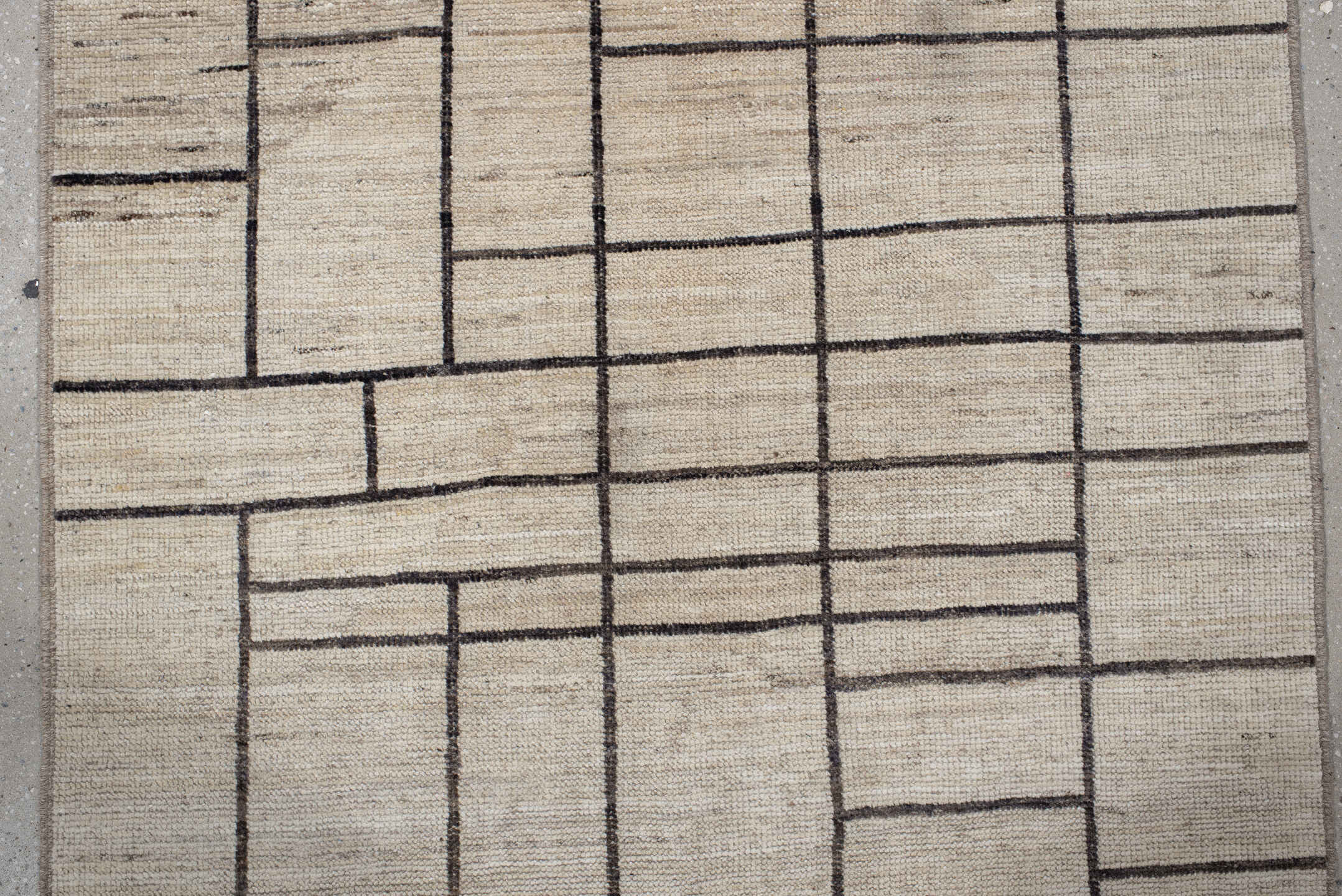 4' x 13' one-of-a-kind handmade vintage Tulu runner rug. Color palette: ivory, charcoal, taupe, cream, gray, black, beige