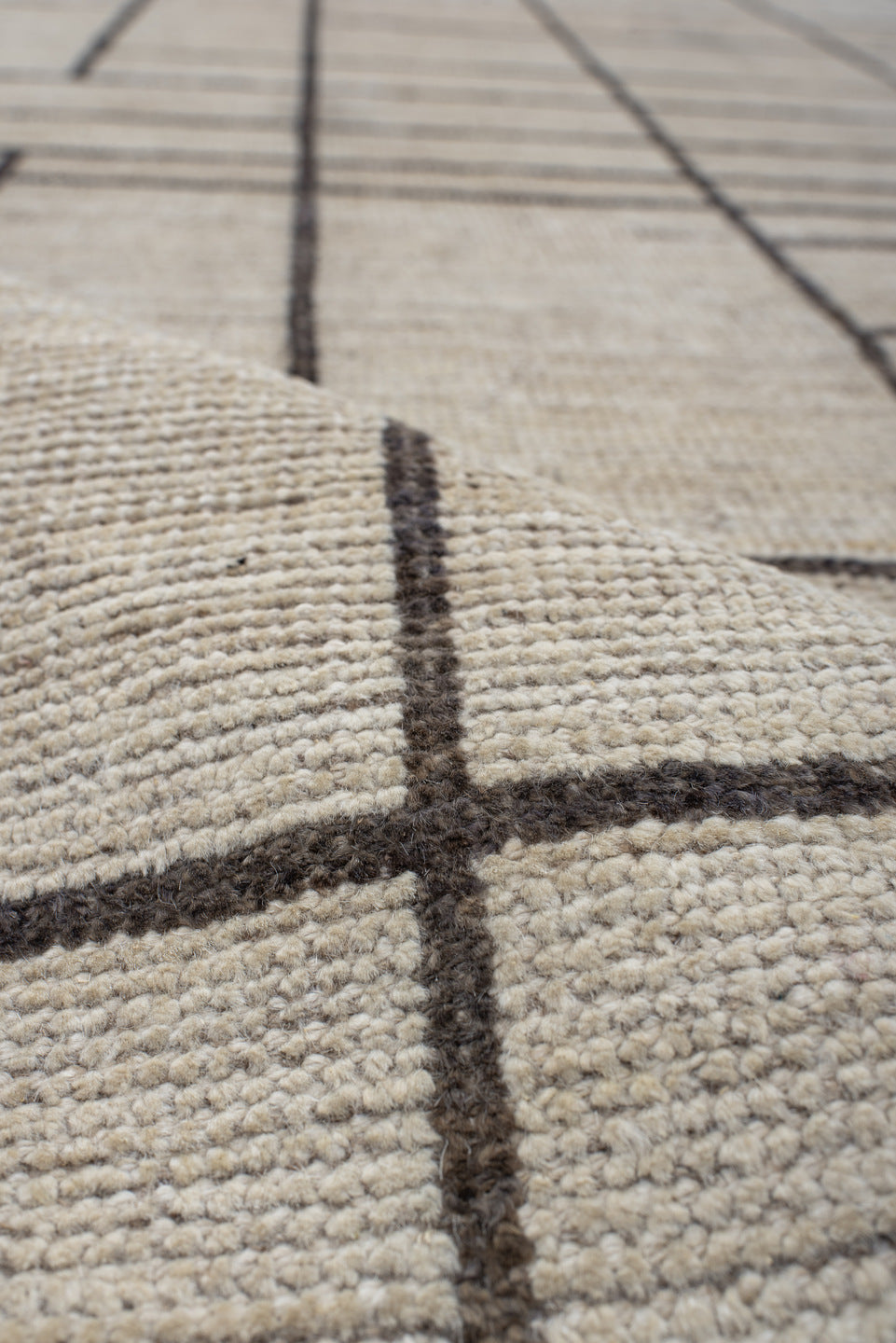 4' x 13' one-of-a-kind handmade vintage Tulu runner rug. Color palette: ivory, charcoal, taupe, cream, gray, black, beige