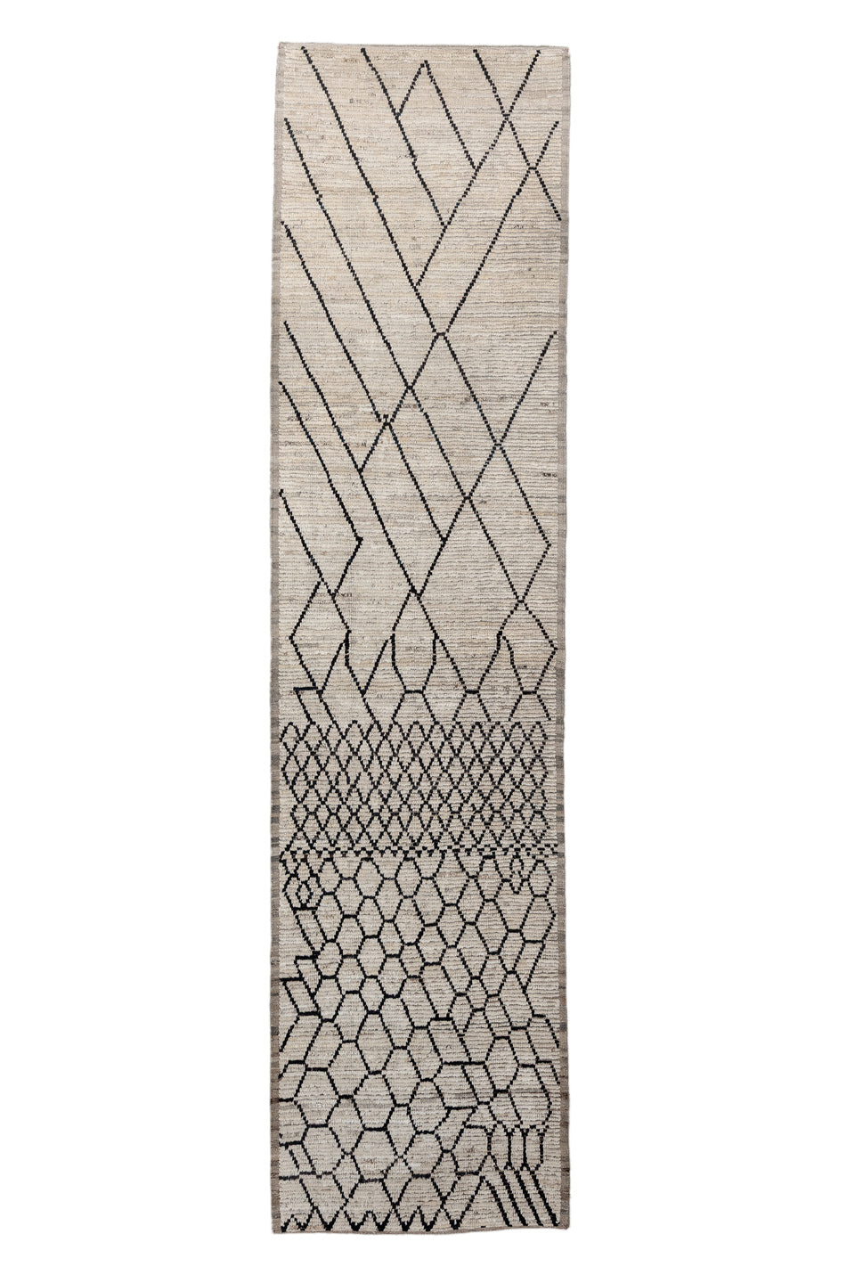 3' x 13' one-of-a-kind handmade vintage Tulu runner rug. Color palette: gray, off-white, black, light gray, pink, charcoal