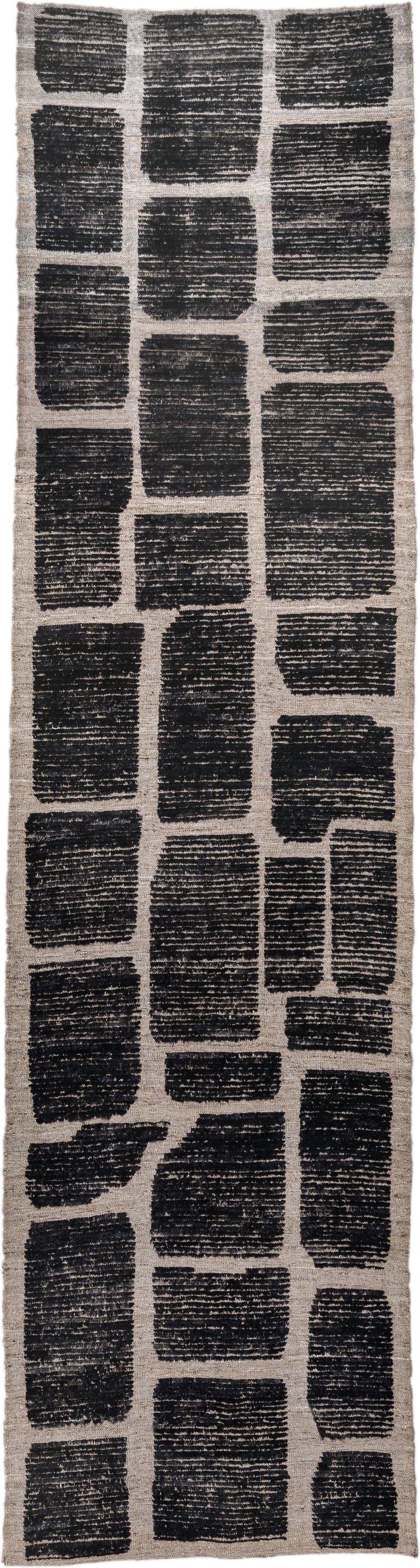 3' x 12' one-of-a-kind handmade vintage Tulu runner rug. Color palette: charcoal, taupe, ivory, gray, black, beige