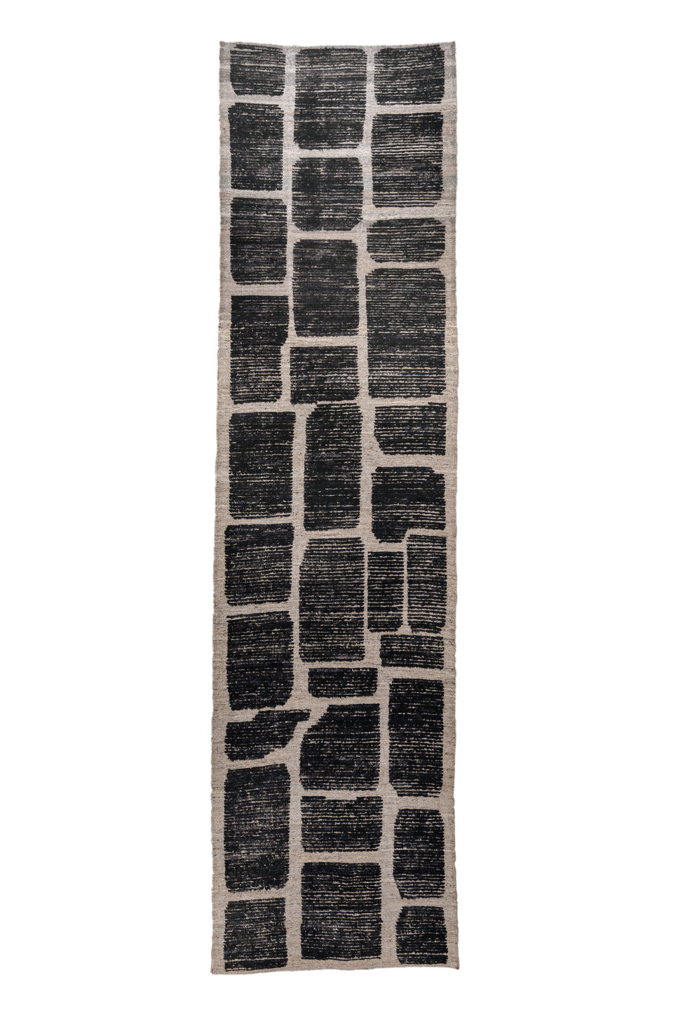 3' x 12' one-of-a-kind handmade vintage Tulu runner rug. Color palette: gray, light gray, off-white, pink, blue, black