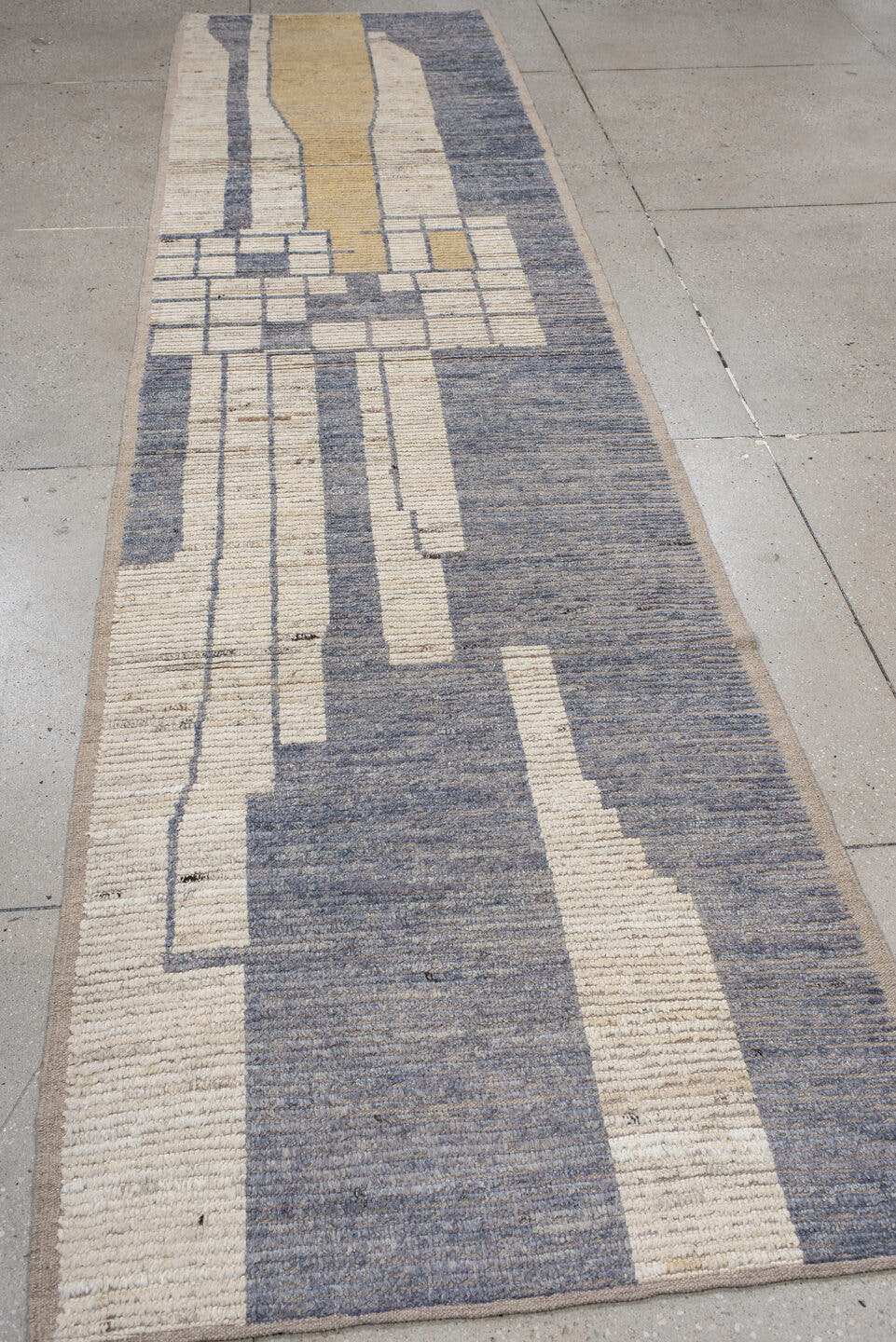3' x 12' one-of-a-kind handmade vintage Tulu runner rug. Color palette: ivory, slate, taupe, camel, charcoal, gray, beige